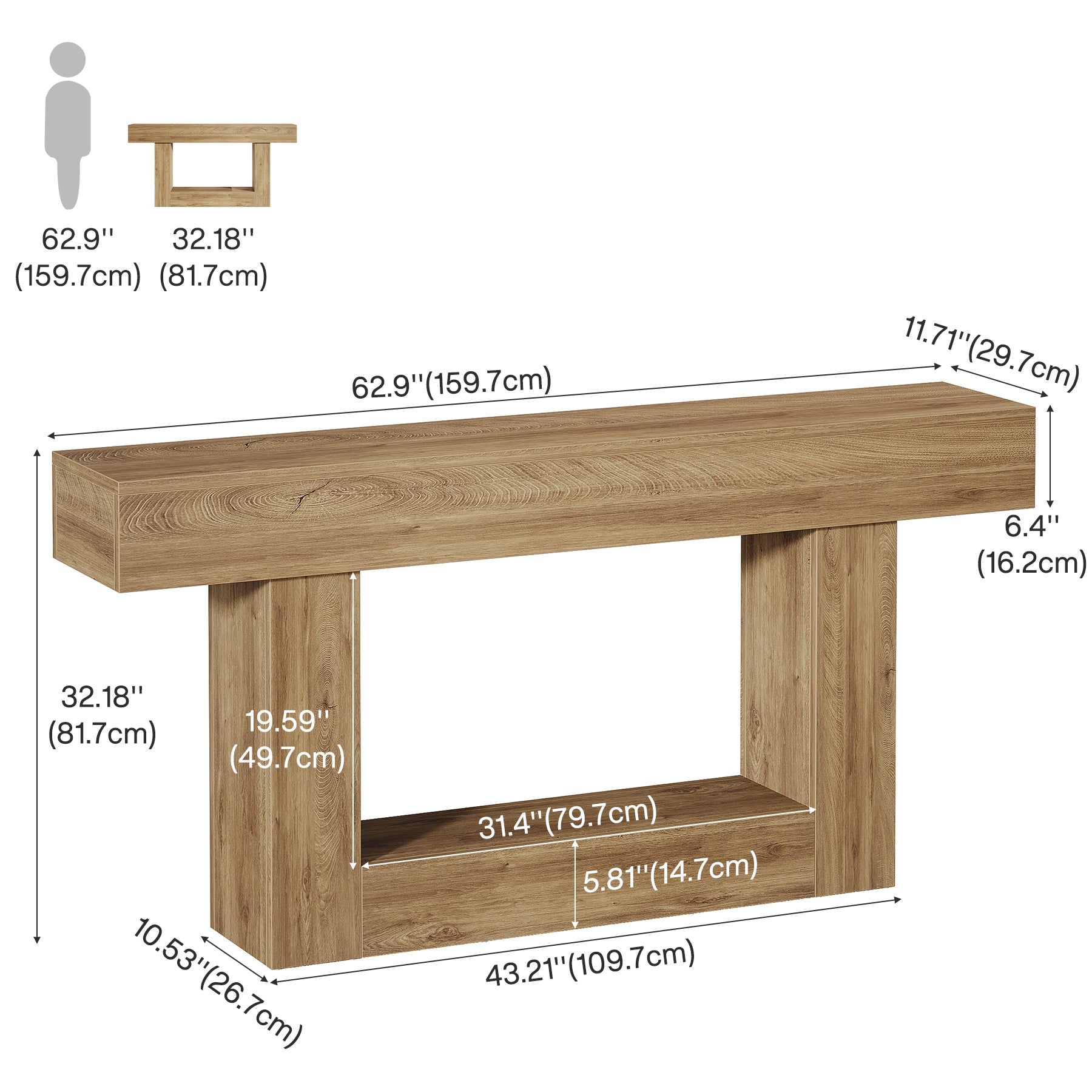 160 cm Boerenstijl Consoletafel, Tweelaagse Entreetafel met Opbergruimte in Rustiek Bruin