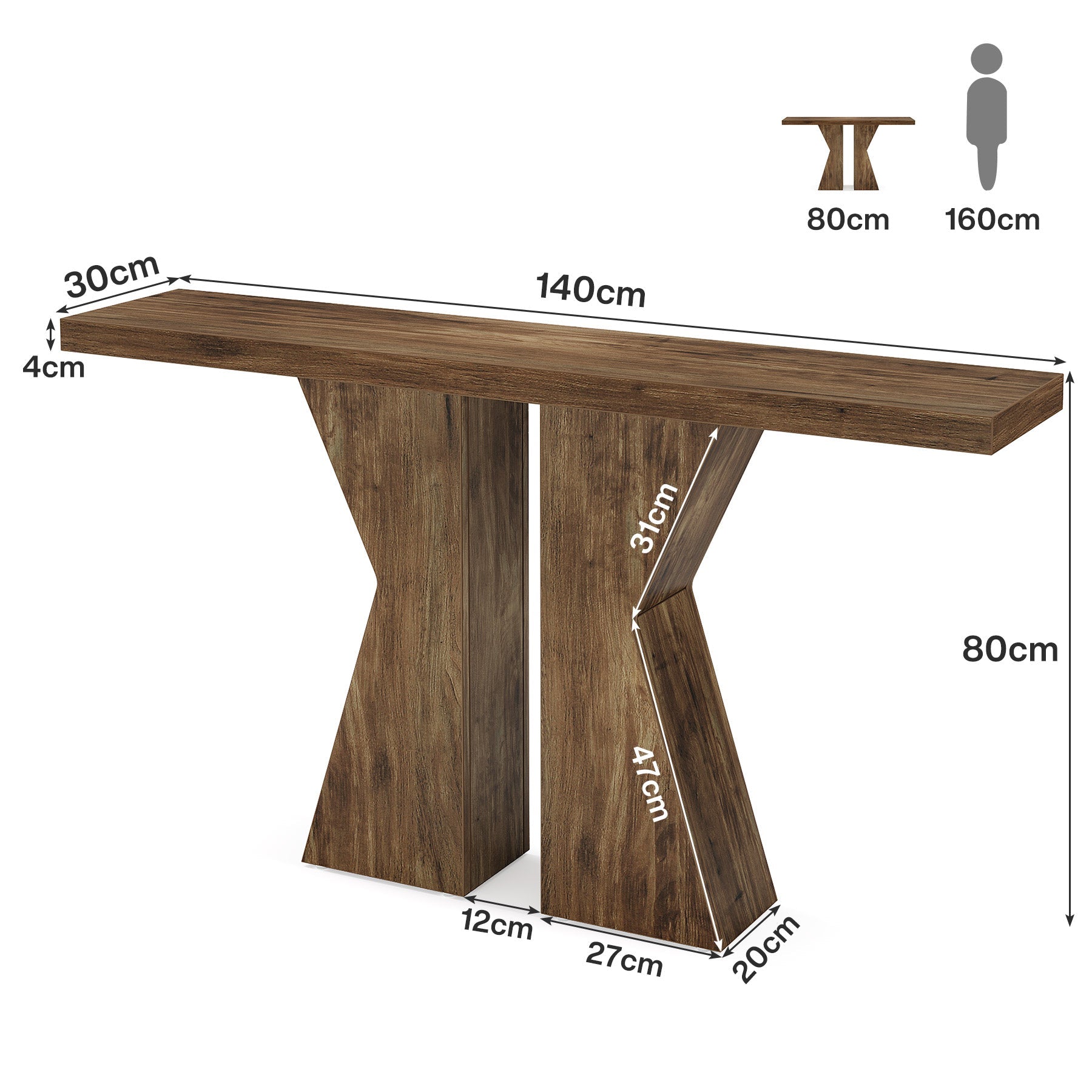 140 cm Boerenstijl Entreetafel, K-Vormig Frame voor Woonkamer en Hal in Rustiek Bruin