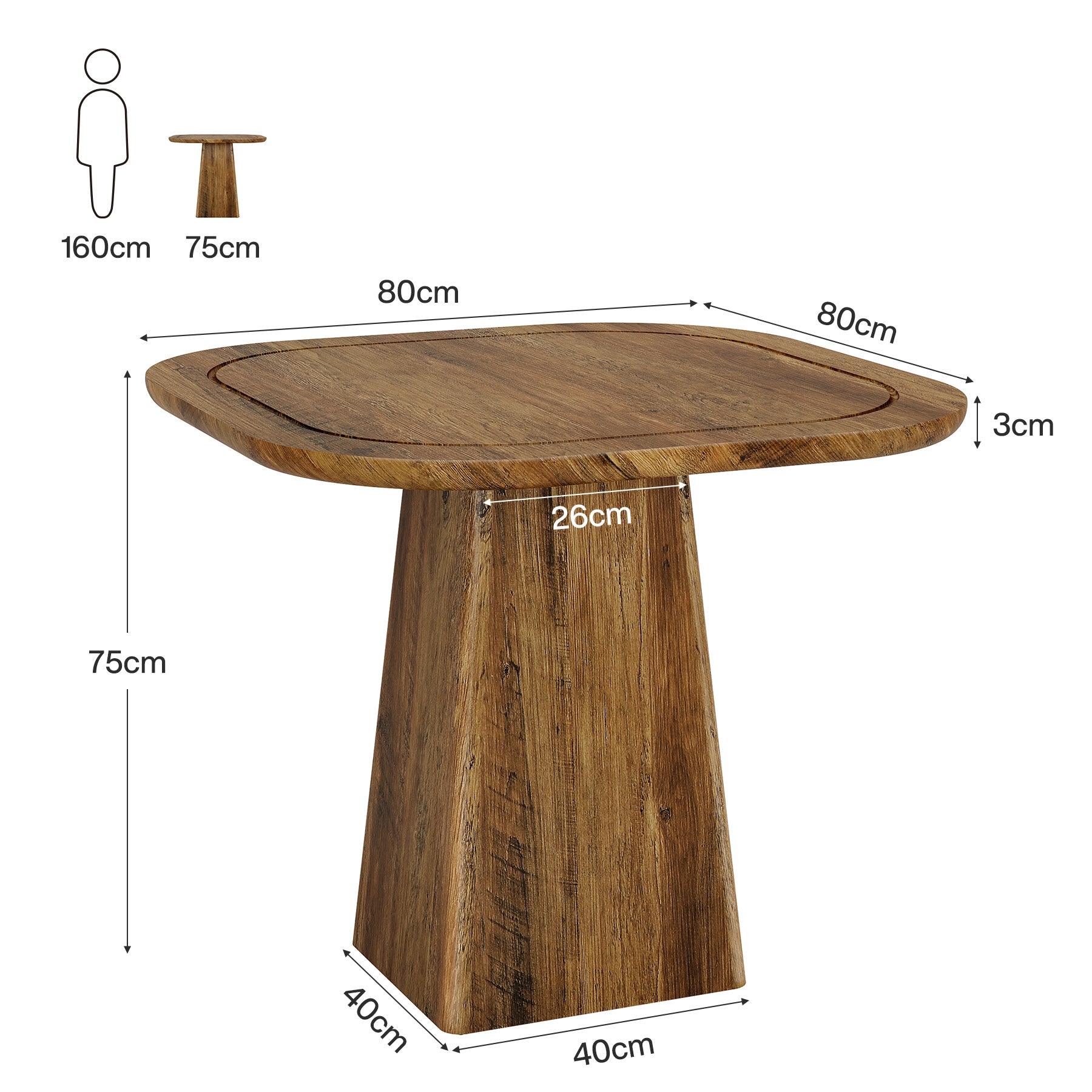 80 cm Vierkante Eettafel voor 2-4 Personen, Landelijke Keukentafel met Centrale Voet