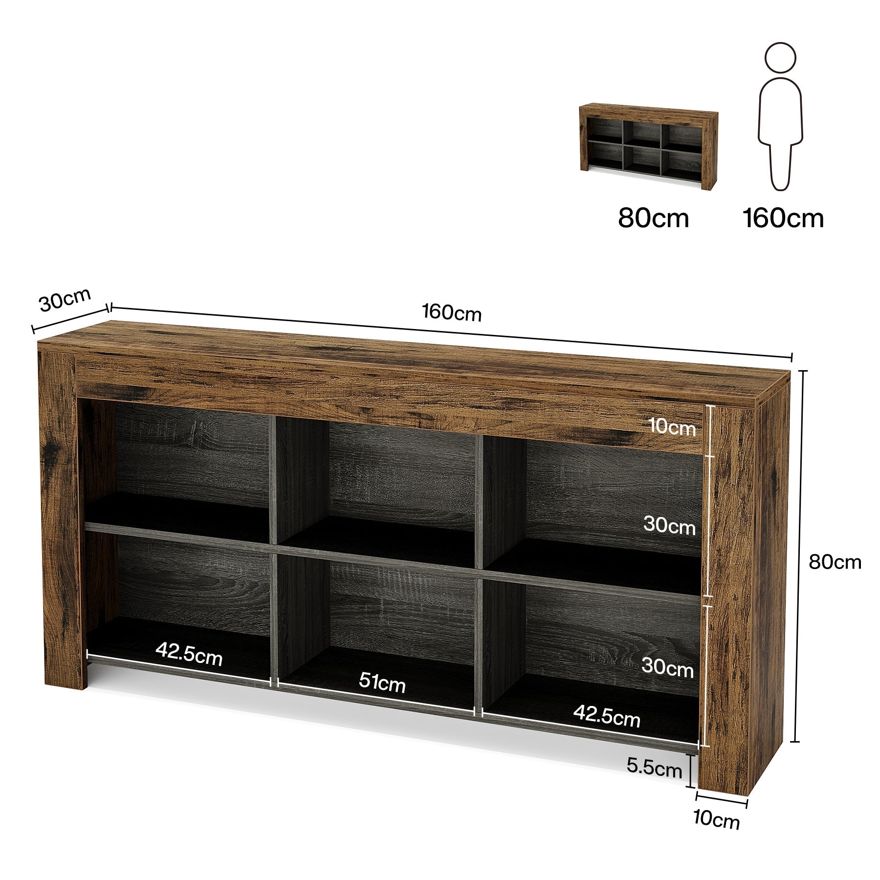 160 cm Consoletafel, Houten Tafel met 6 Opbergvakken voor Entree en Hal