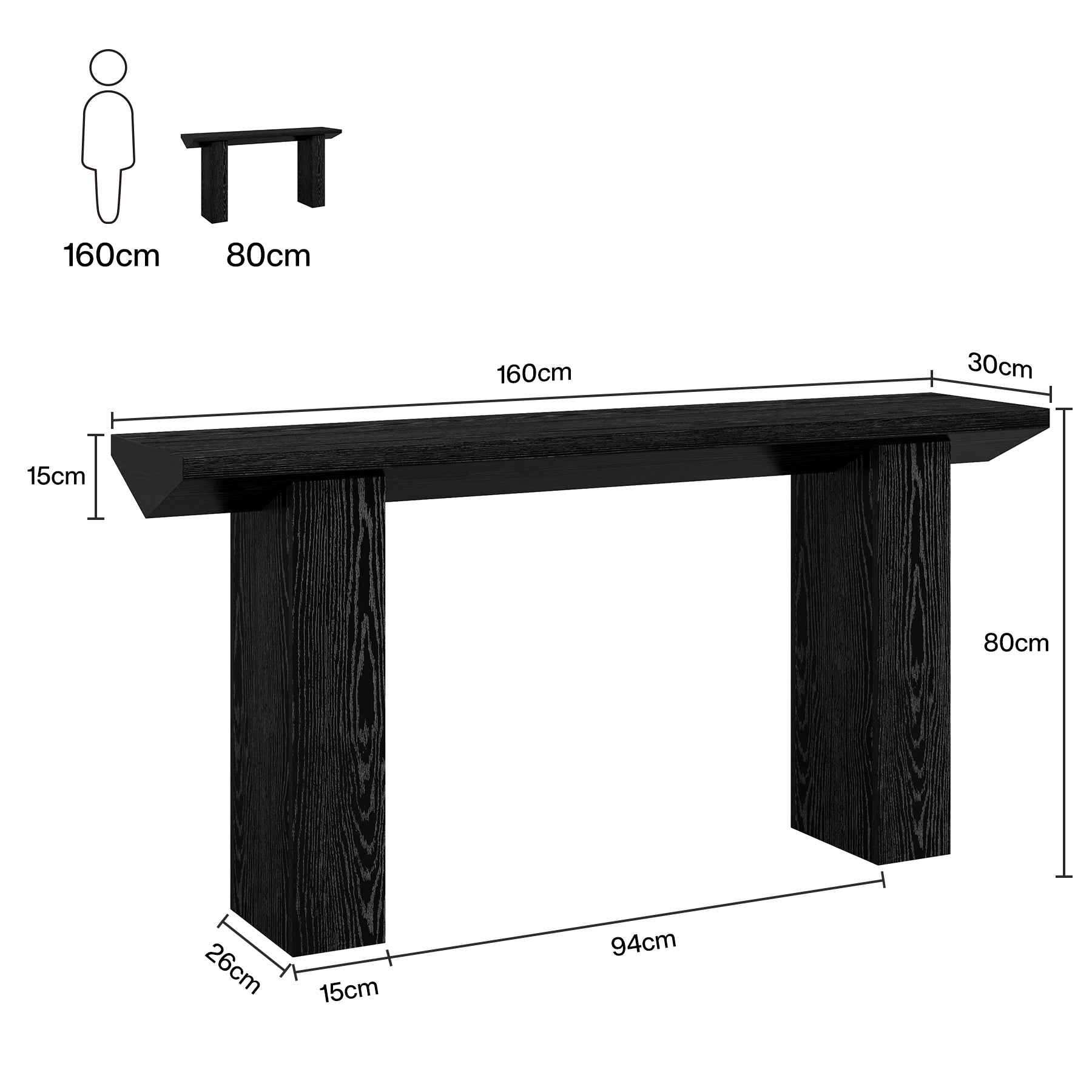 160 cm Smalle Salontafel voor Achter de Bank, Zwart Houten Haltafel voor Woonkamer en Entree