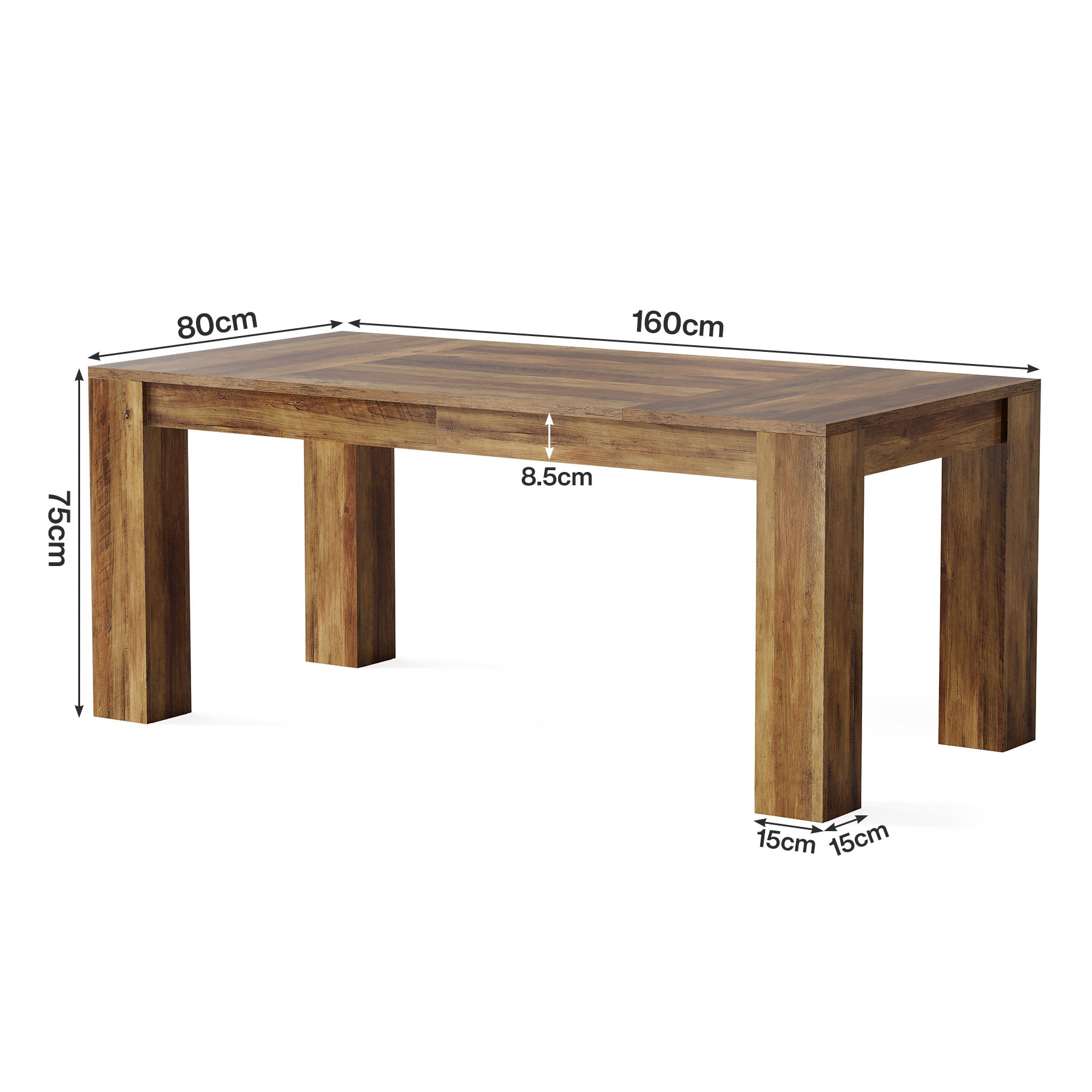 Eettafel van 160 cm voor 4–6 Personen, Rechthoekige Houten Keukentafel in Landelijke Stijl