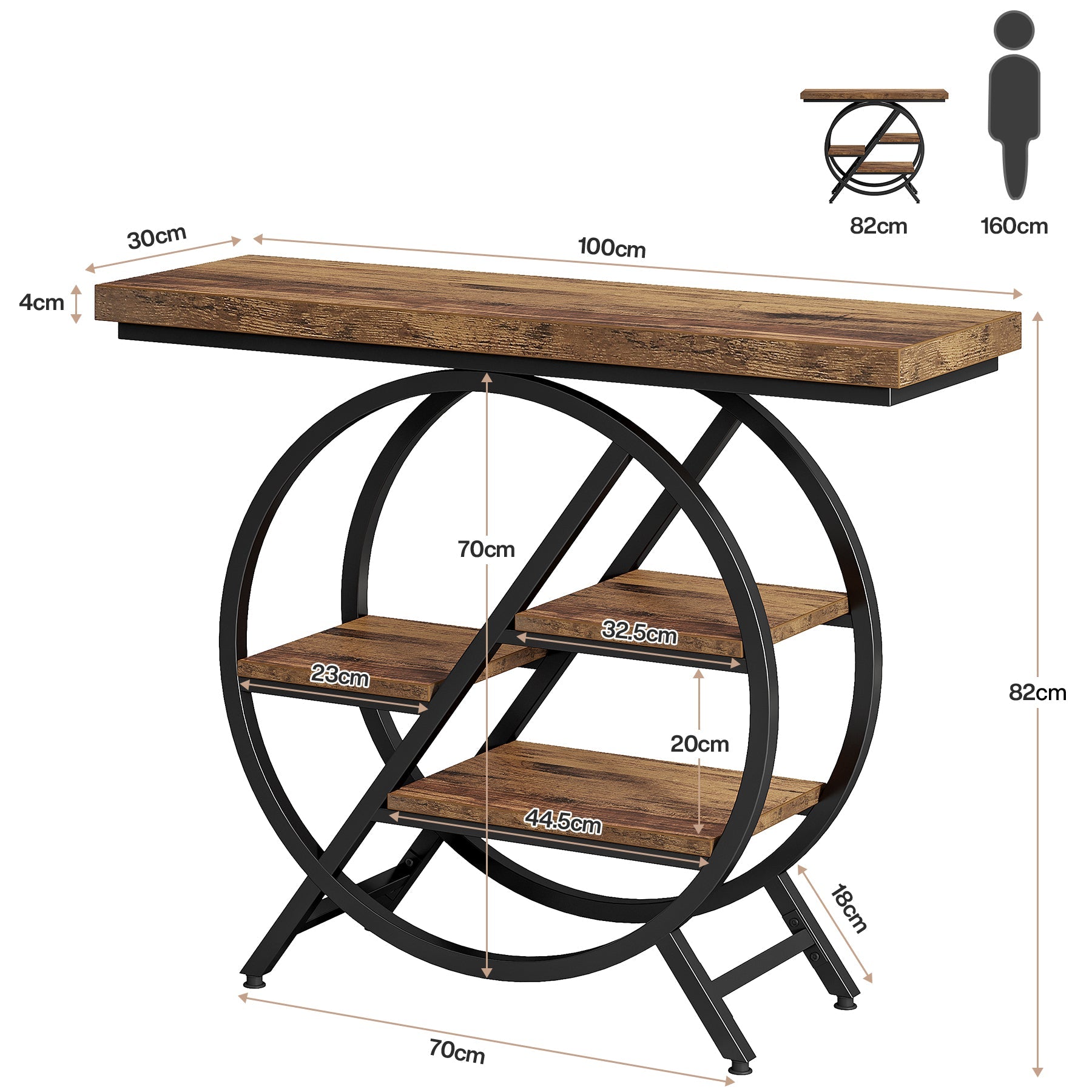 100 cm Industriële Consoletafel – Geometrisch Frame met Dik Blad voor Rustieke Uitstraling