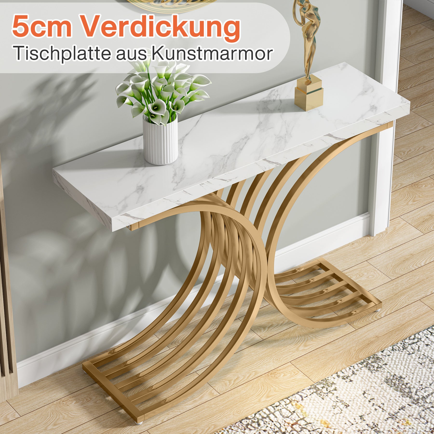 100 cm Smalle Console Tafel, Zijdelingse Tafel met Gouden Metaal Frame