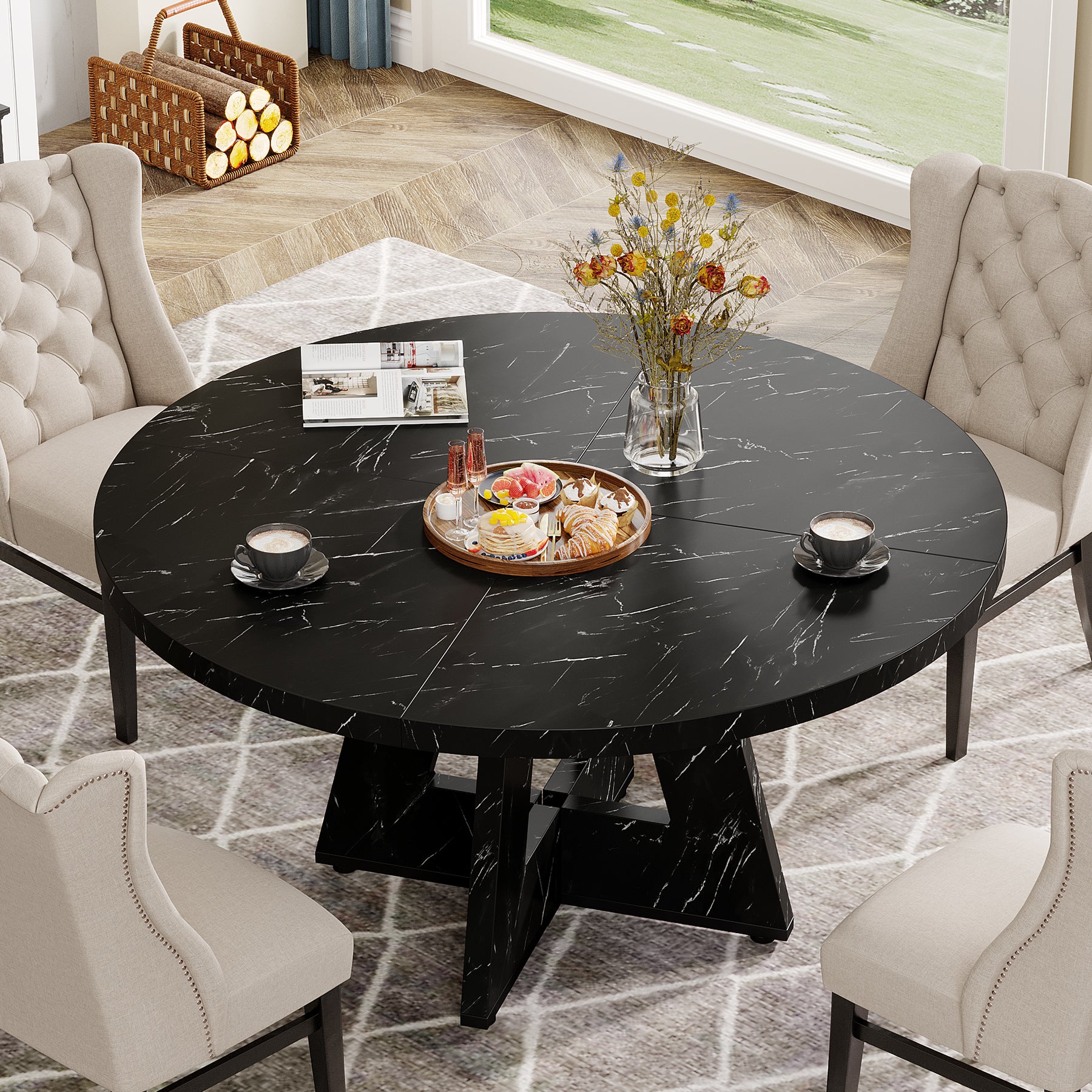 120 cm Ronde Boeren Eettafel, Bruin Houten Tafelblad voor 4 Personen in Keuken of Woonkamer