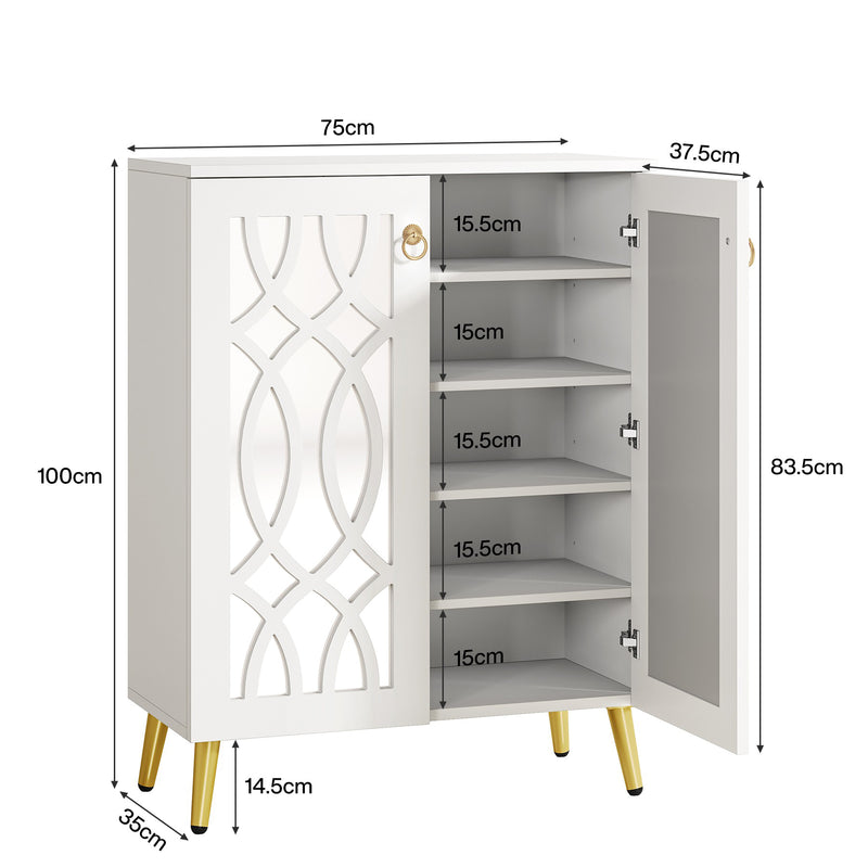 100 cm Hoge Schoenenkast, Witte Opbergmeubel met Spiegel en Deuren voor Hal of Slaapkamer