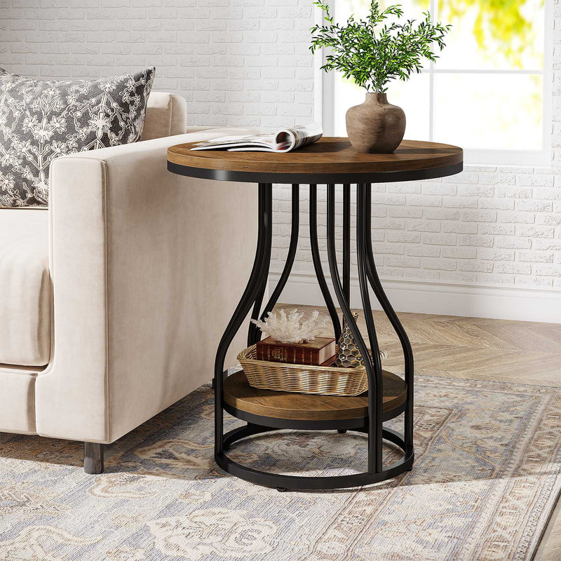 Ronde 2-Laagse Bijzettafel, Moderne Nachtkastje met Opbergruimte en Metaal Frame voor Woonkamer