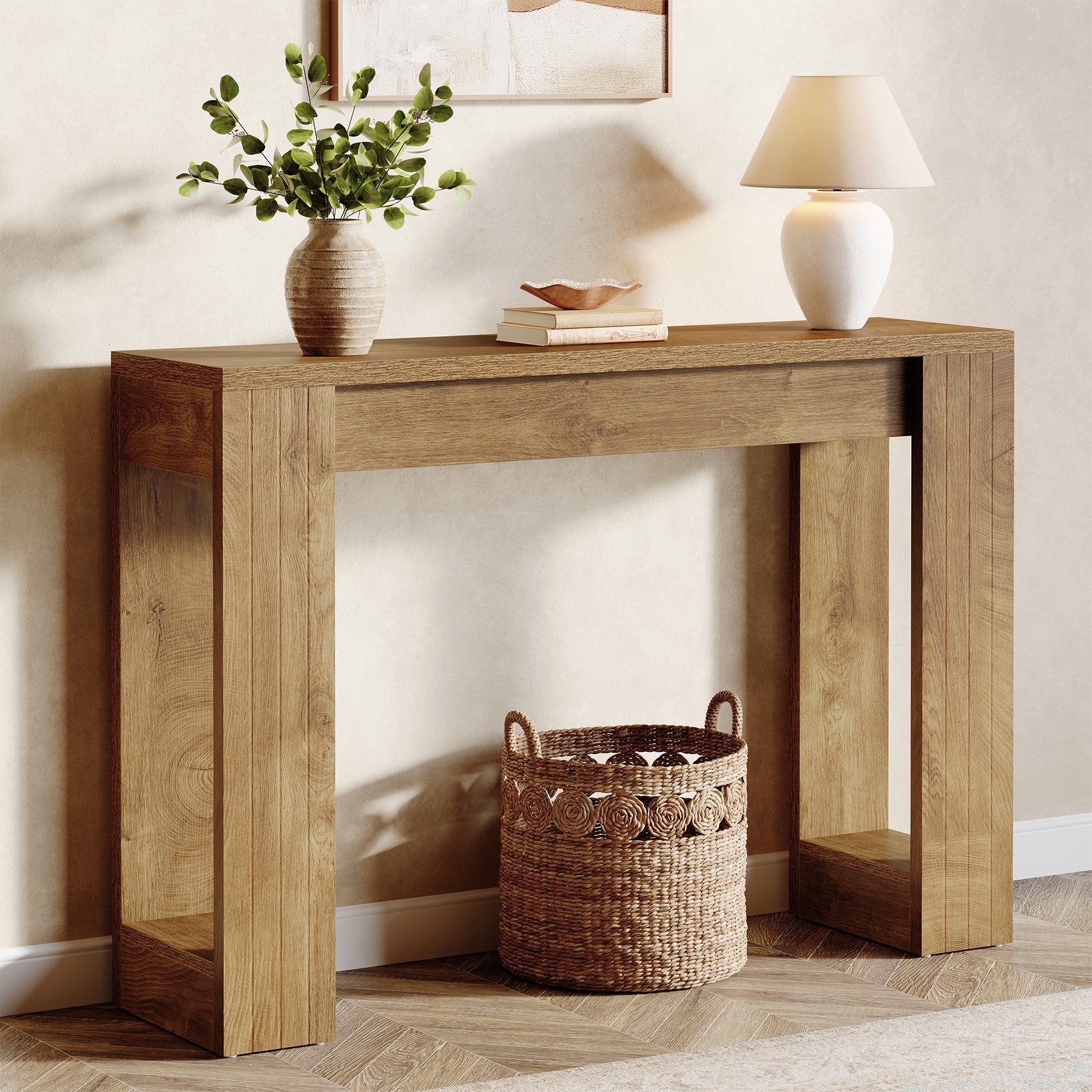 105 cm Houten Consoletafel met Dubbele Basis, Moderne Haltafel voor Entree en Woonkamer