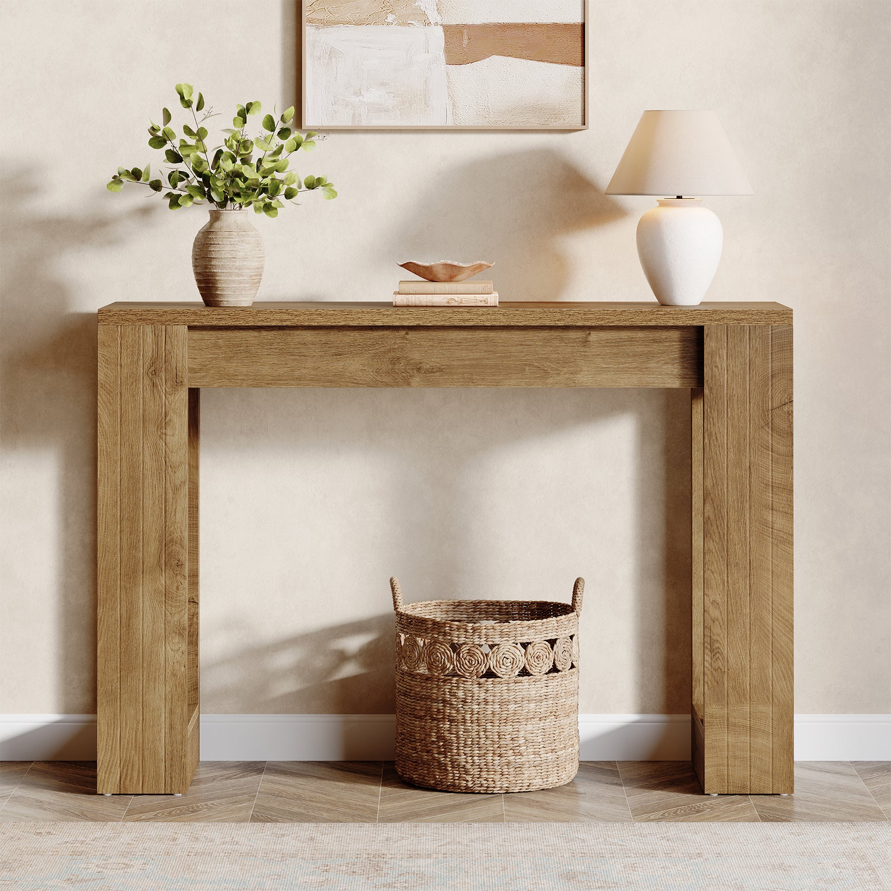 105 cm Houten Consoletafel met Dubbele Basis, Moderne Haltafel voor Entree en Woonkamer
