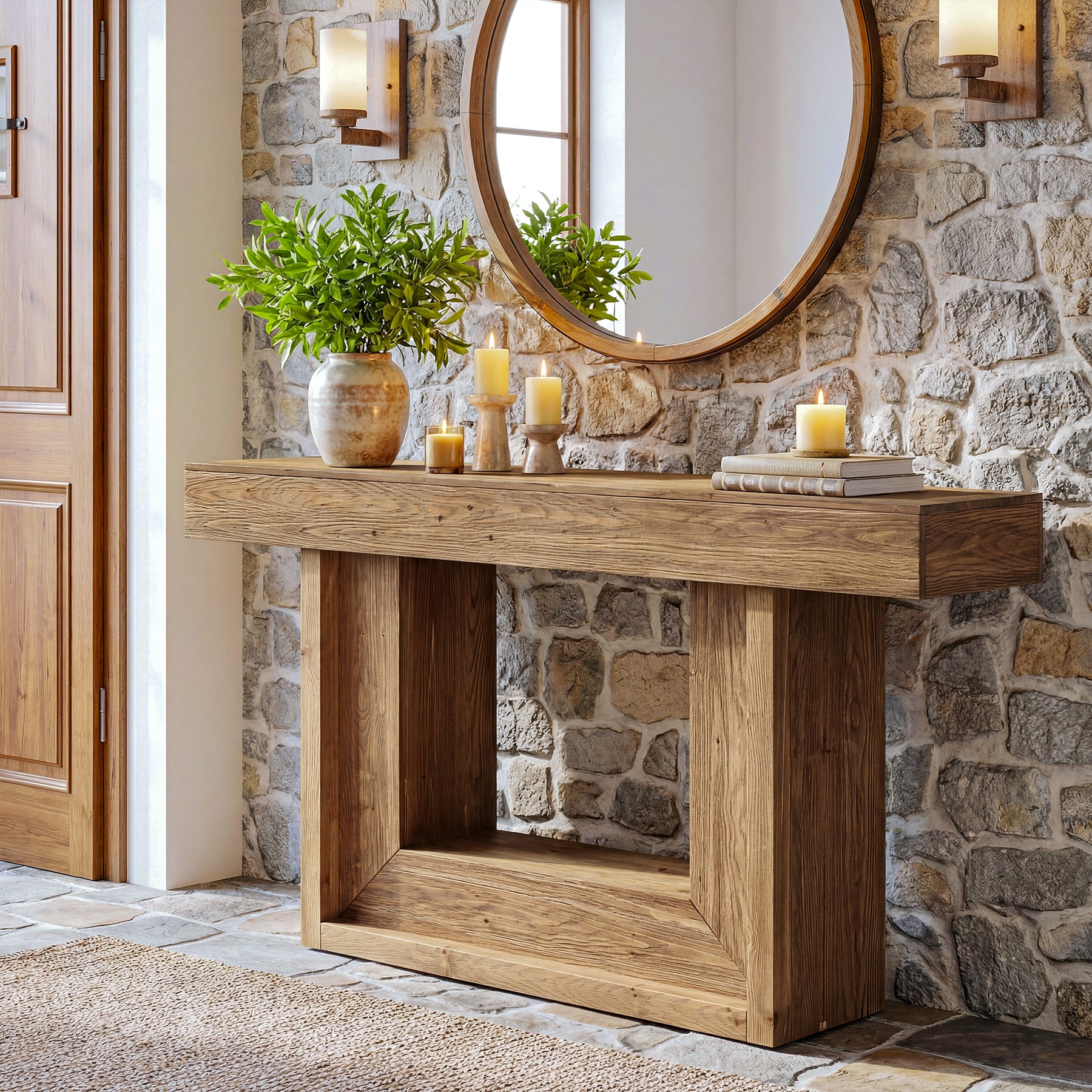 160 cm Houten Consoletafel met Open Opbergrek, Landelijke Smalle Haltafel vooar Woonkamer Entree Hal