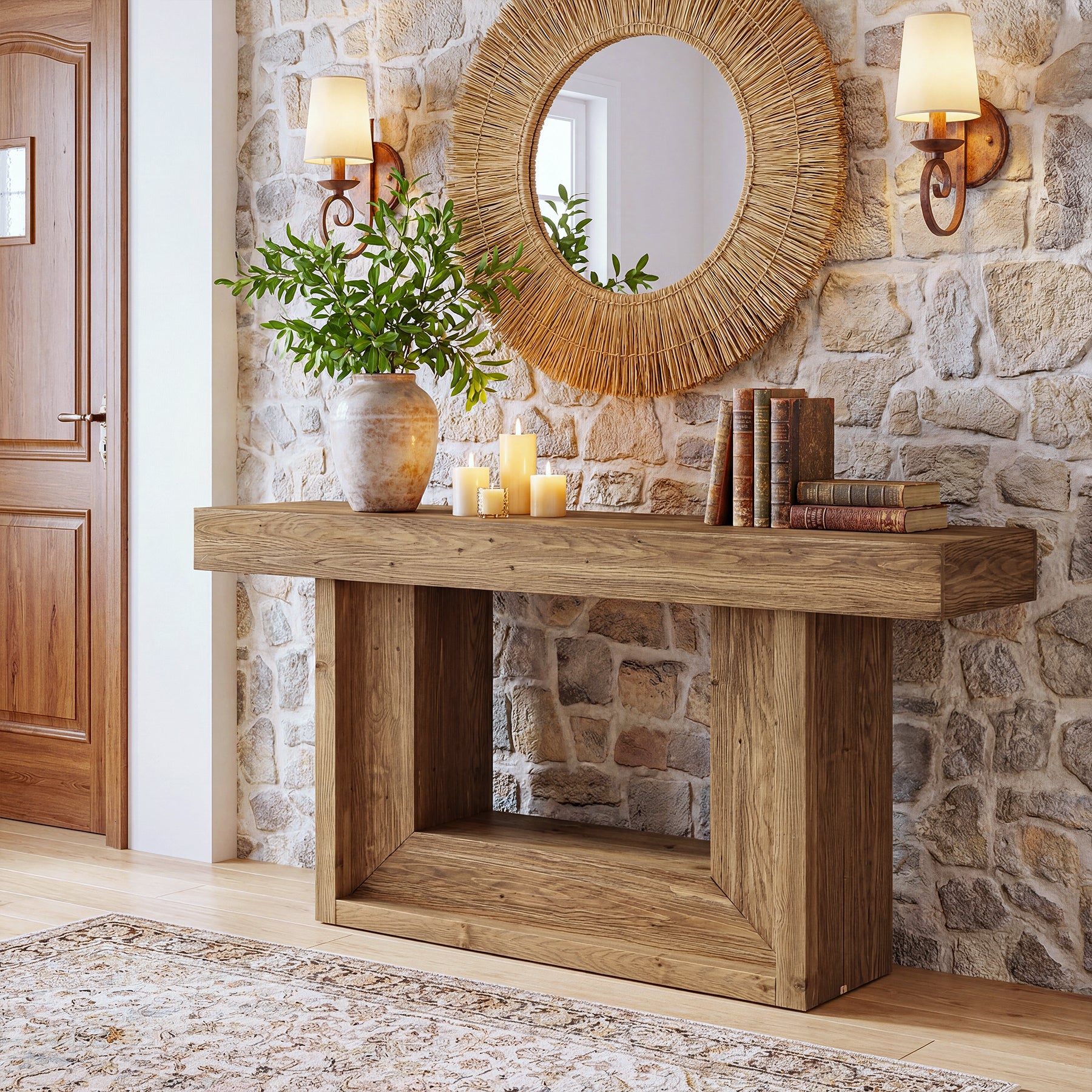 160 cm Houten Consoletafel met Open Opbergrek, Landelijke Smalle Haltafel vooar Woonkamer Entree Hal