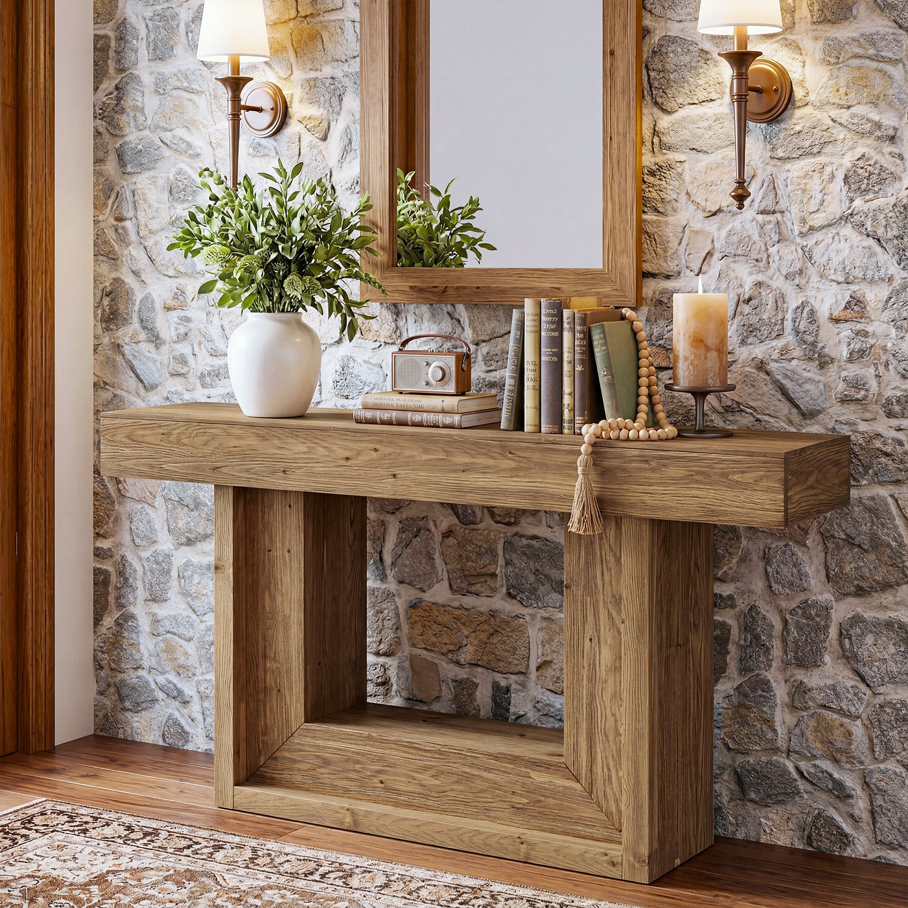 160 cm Houten Consoletafel met Open Opbergrek, Landelijke Smalle Haltafel vooar Woonkamer Entree Hal