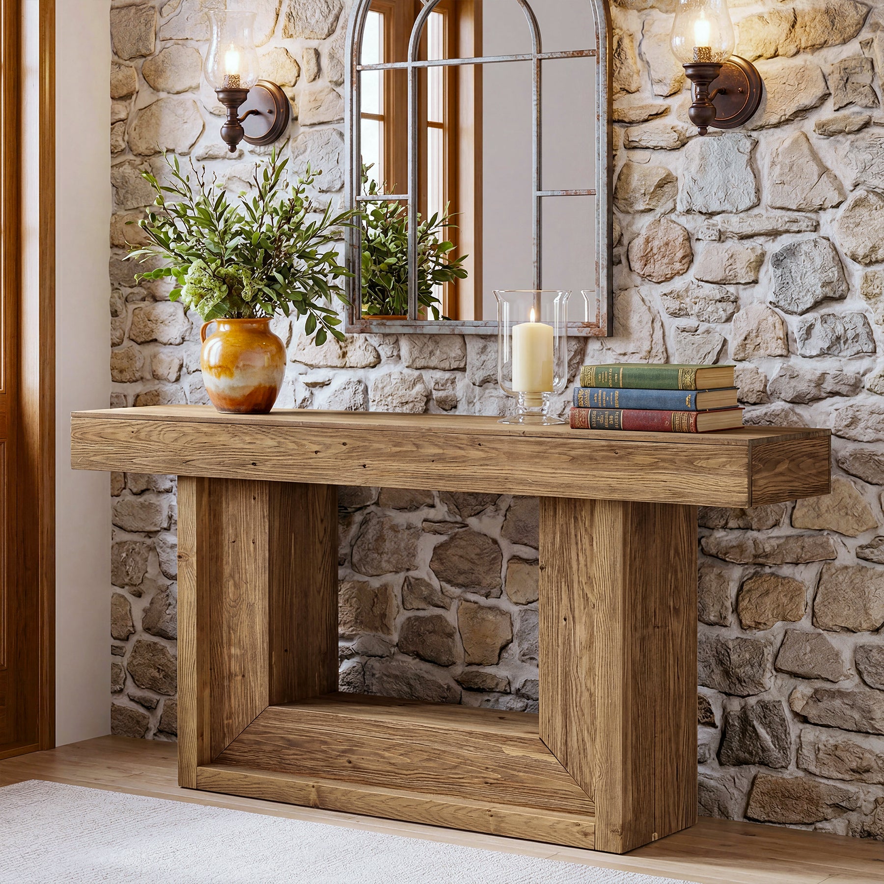 160 cm Houten Consoletafel met Open Opbergrek, Landelijke Smalle Haltafel vooar Woonkamer Entree Hal