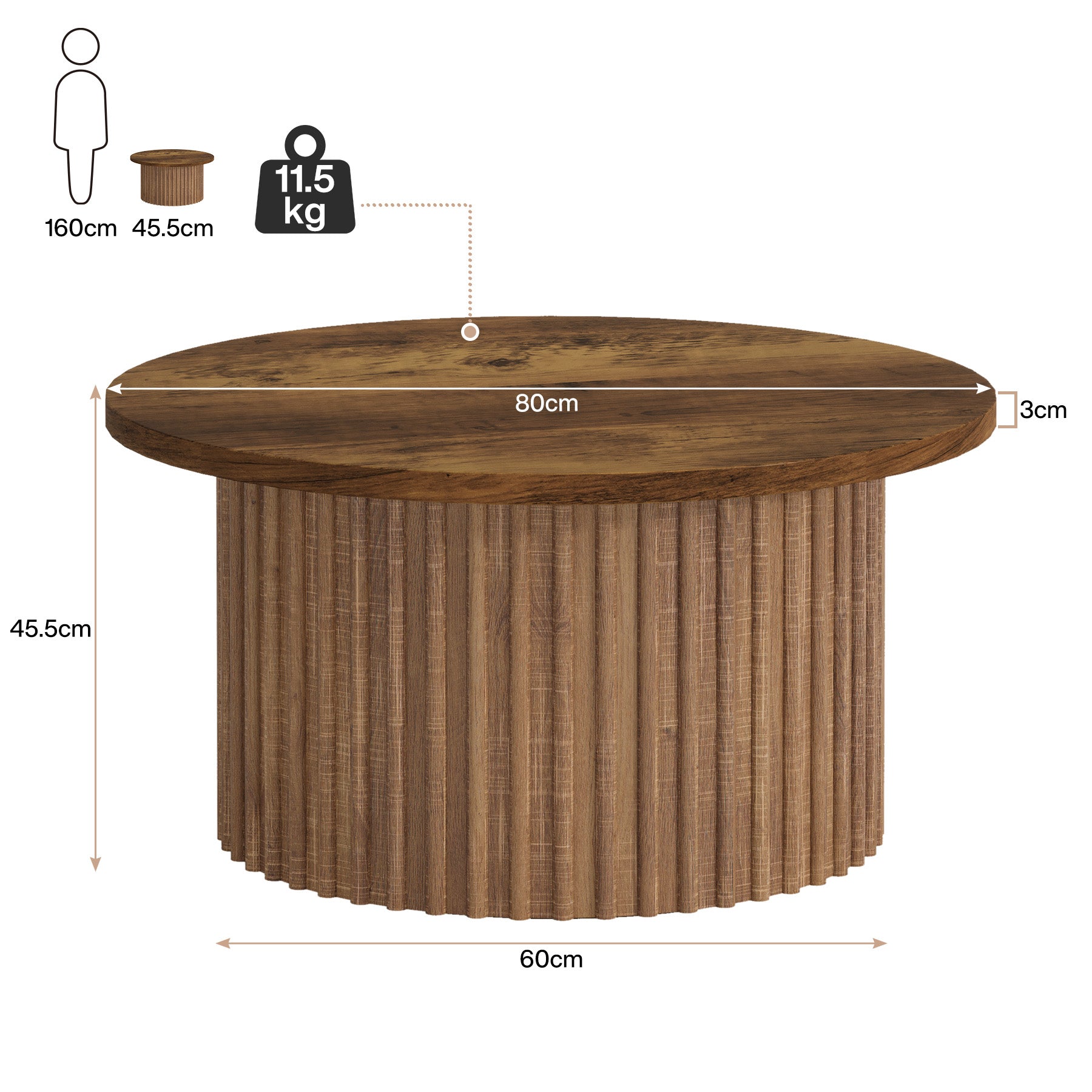 80 cm Ronde Salontafel Landelijke Stijl, Met Metalen Basis en Fineer Top voor Woonkamer en Kantoor