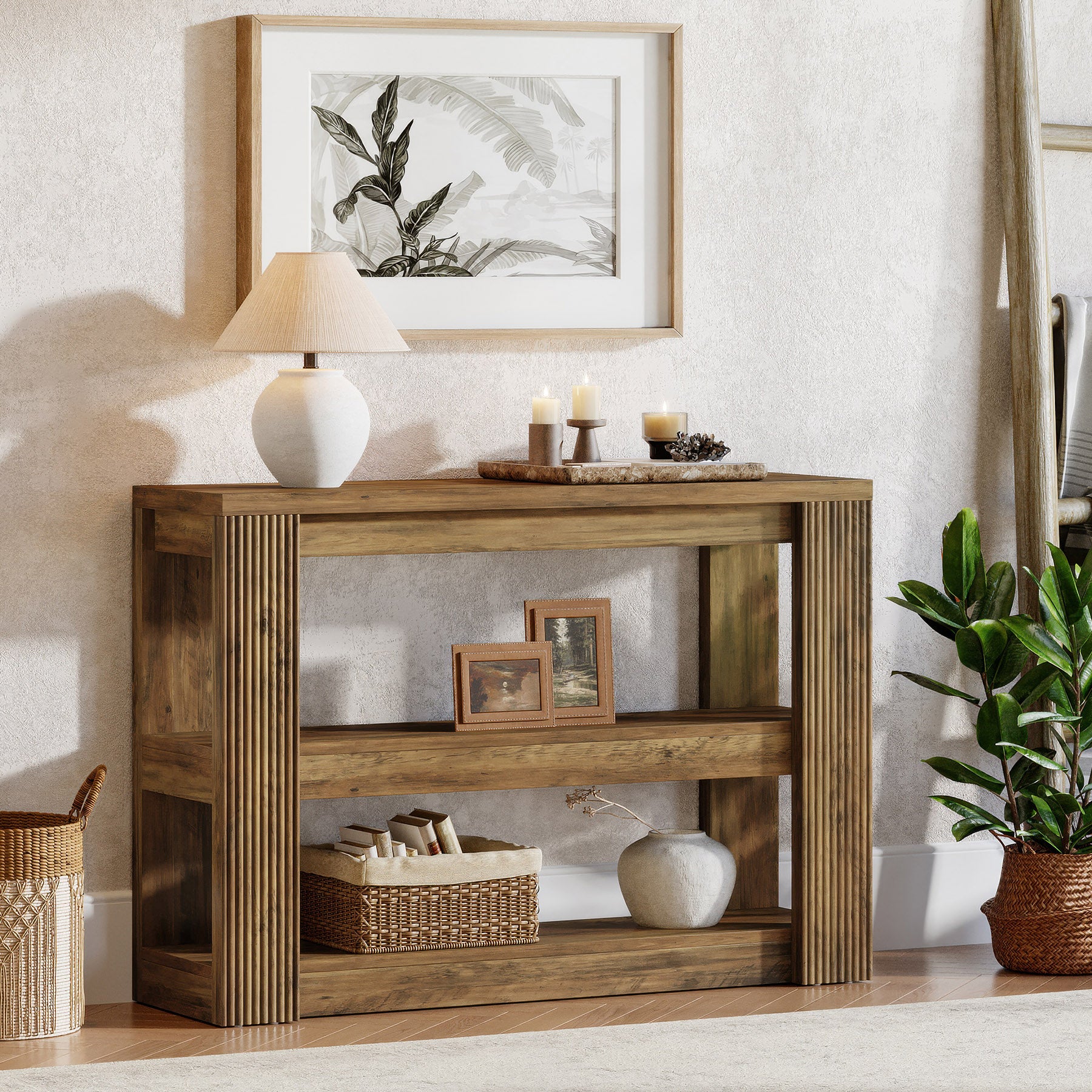 105 cm Landelijke Consoletafel met 3 Planken, Smalle Banktafel