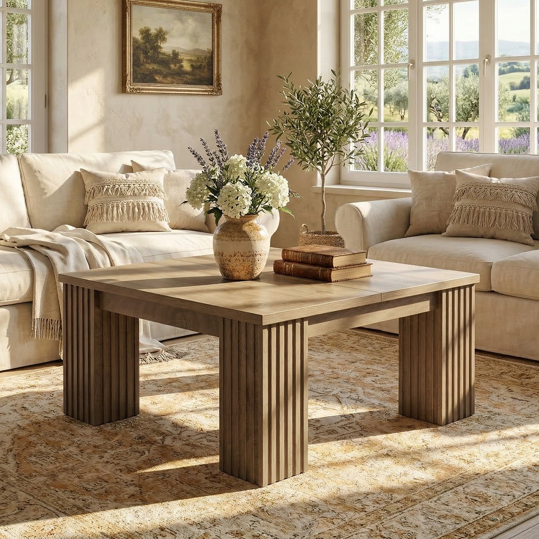 100 cm Vierkante Salontafel met Gefreesde Poten, Landelijke Houten Tafel voor Woonkamer