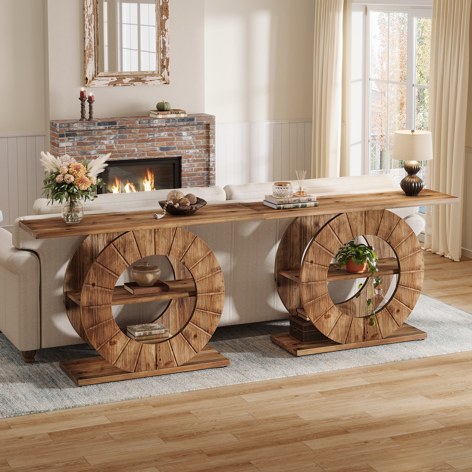 105 cm Massief Houten Consoletafel met 3 Planken en Ronde Basis