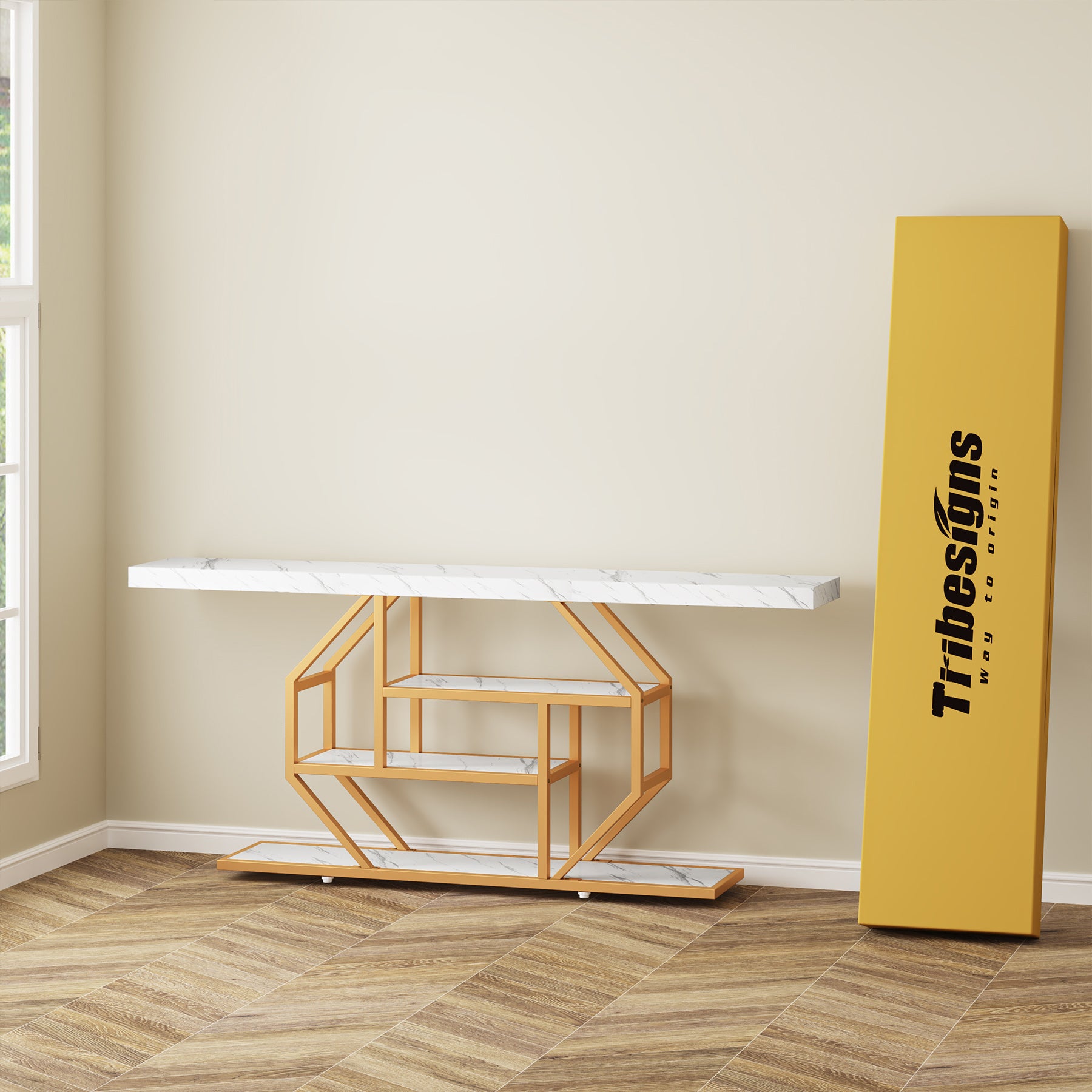 Tribesigns 180 cm Extra Lange Consoletafel, Moderne Gouden Salontafel met Opslag voor Woonkamer