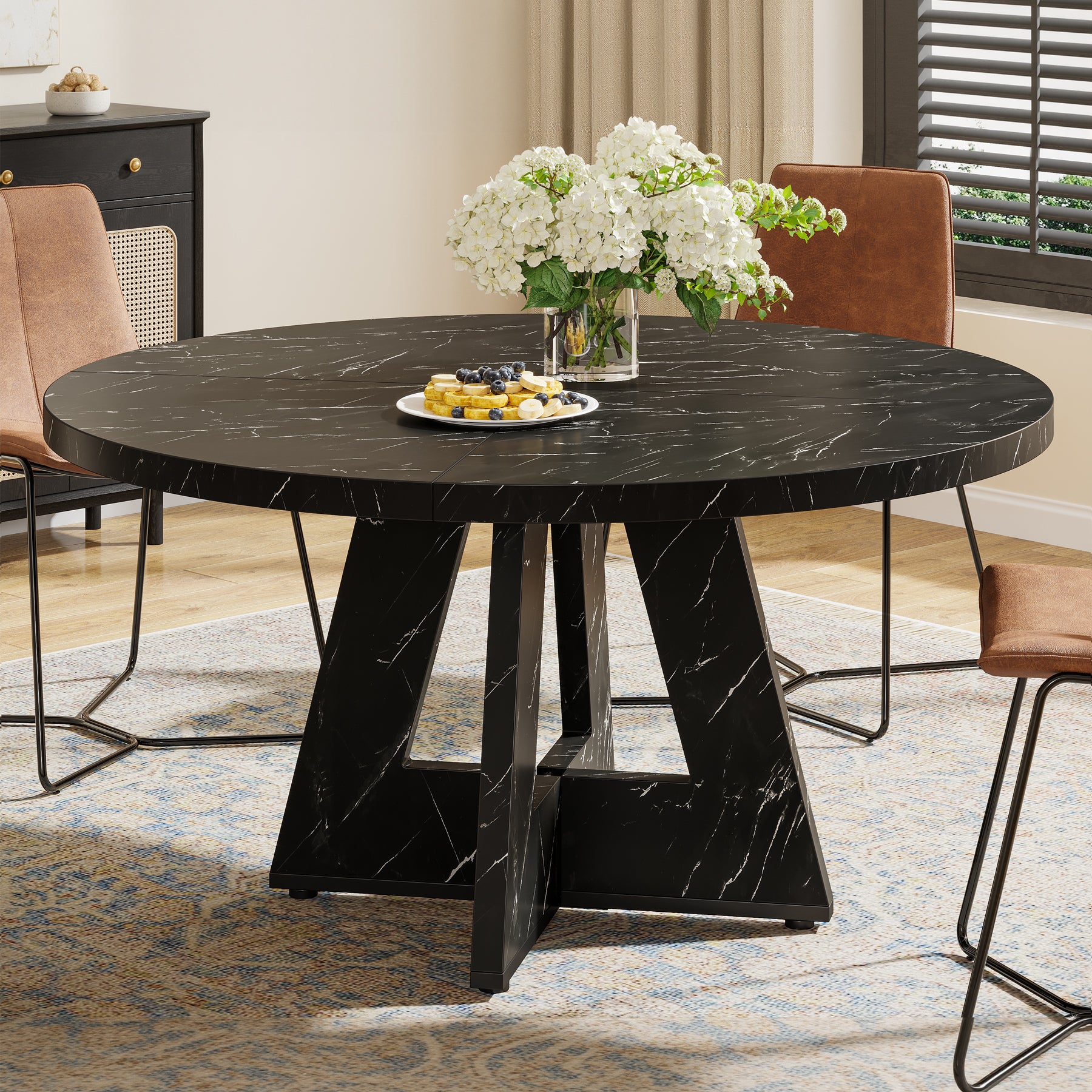 120 cm Ronde Boeren Eettafel, Bruin Houten Tafelblad voor 4 Personen in Keuken of Woonkamer