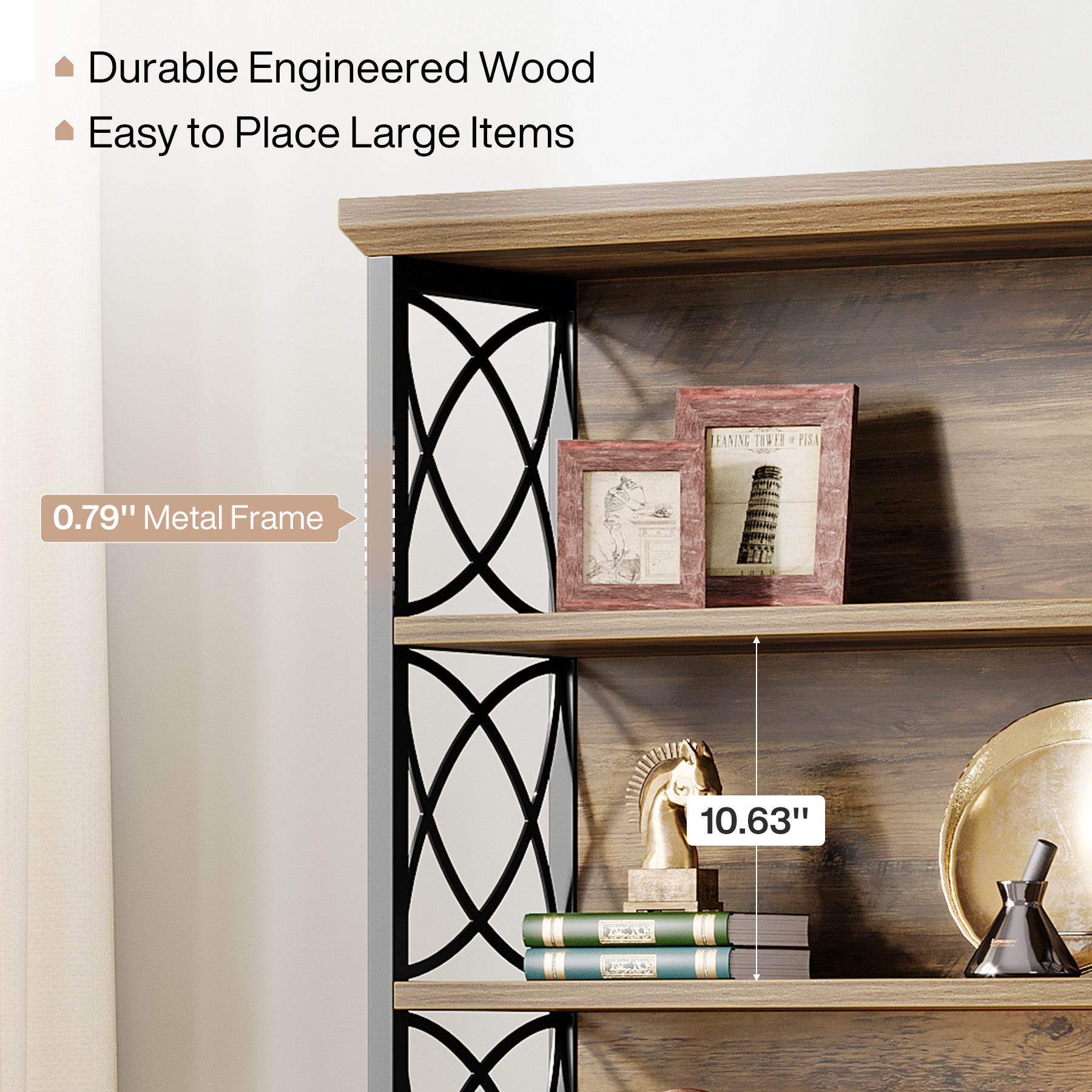 185 cm Hoge Industriële Boekenkast, 6 Planken Open Etagère in Hout en Metaal voor Woonkamer