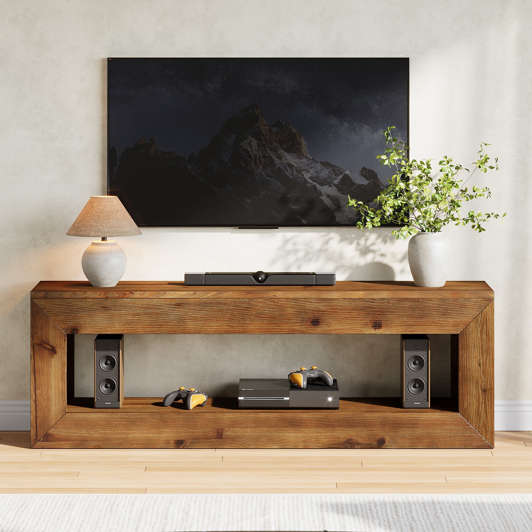 120 cm Tribesigns massief houten tv-meubel met opbergruimte, landelijke lage mediakast voor woonkamer en slaapkamer