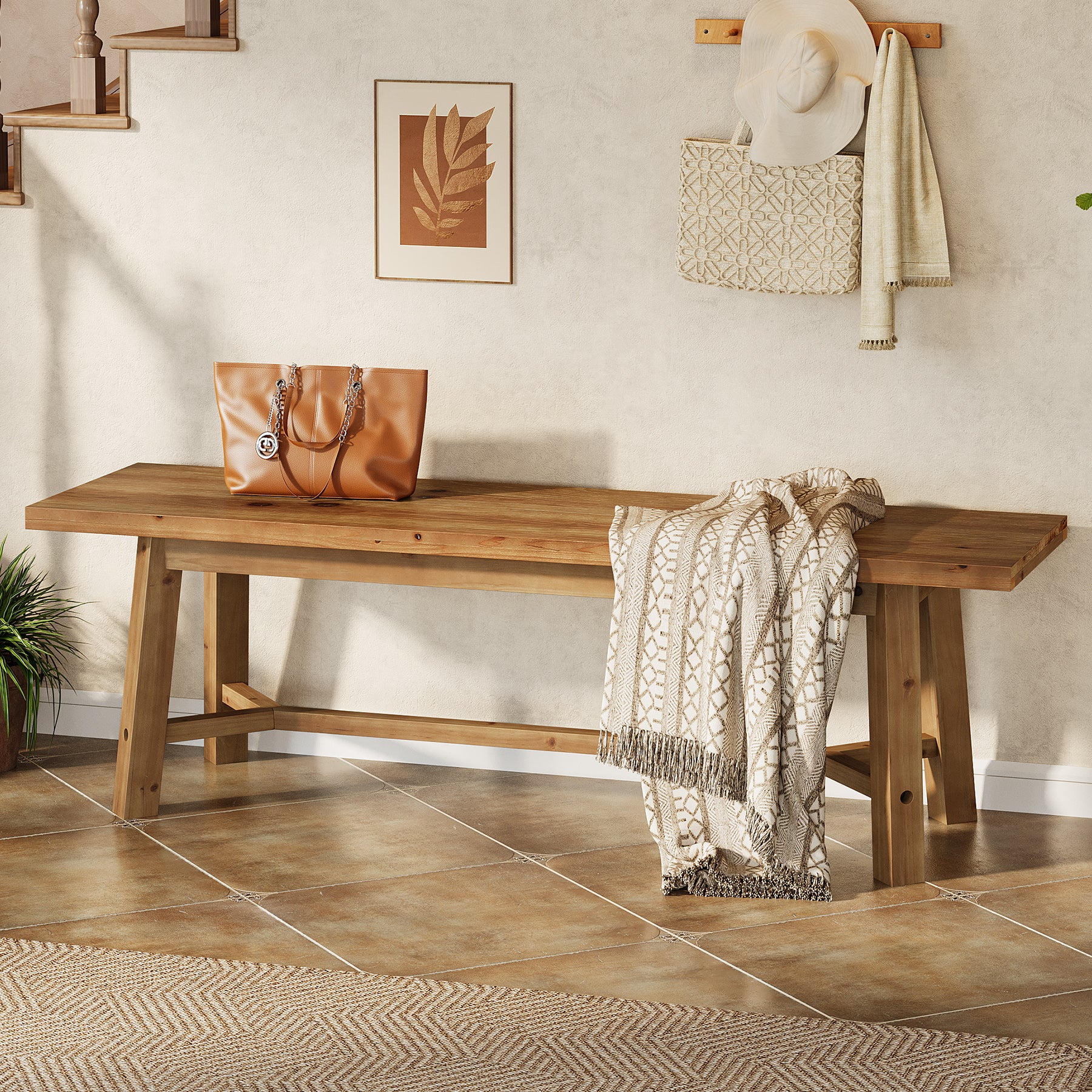 140 cm Tribesigns massief houten halbank met stevig frame, landelijke entreebank voor hal en woonkamer