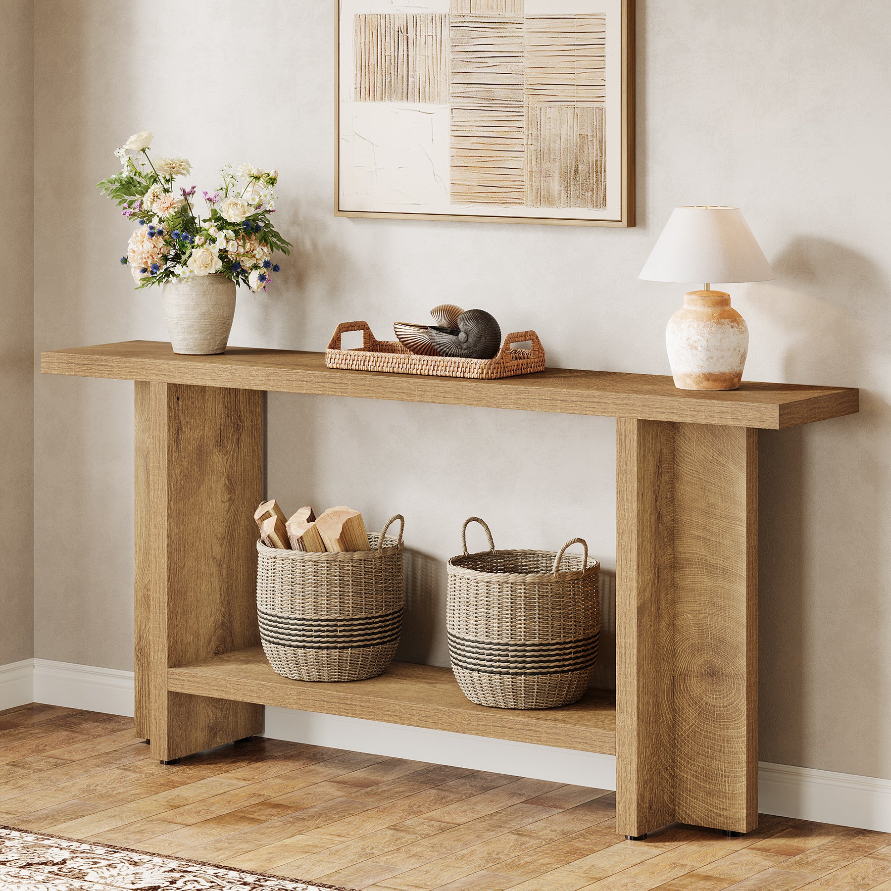 Smal Design Console Meubel, 150 cm Lange Tafel met Plank voor Entree en Woonkamer