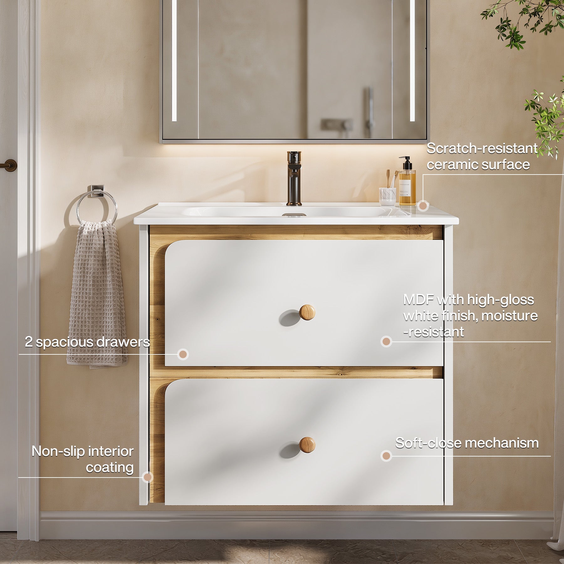 Tribesigns Hangende wastafel met keramieken waskom, Modern badkamermeubel wandgemonteerd met soft-close-deur