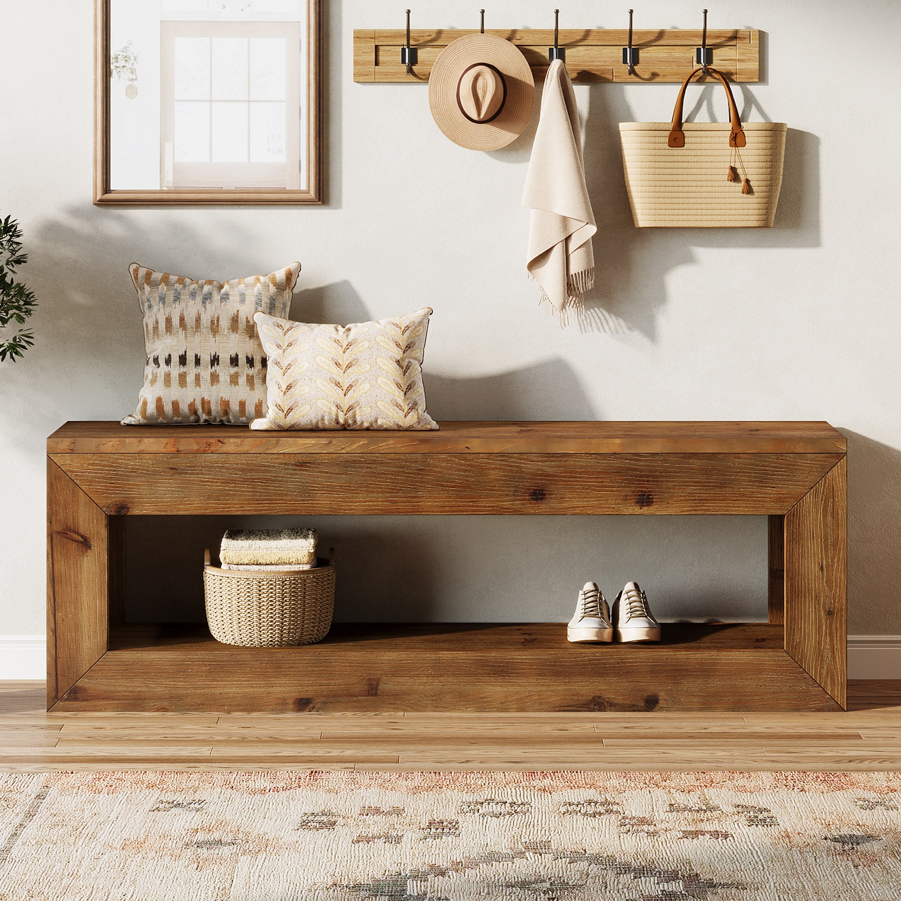 120 cm massief houten halbank met opbergplank, landelijke zitbank voor entree en hal