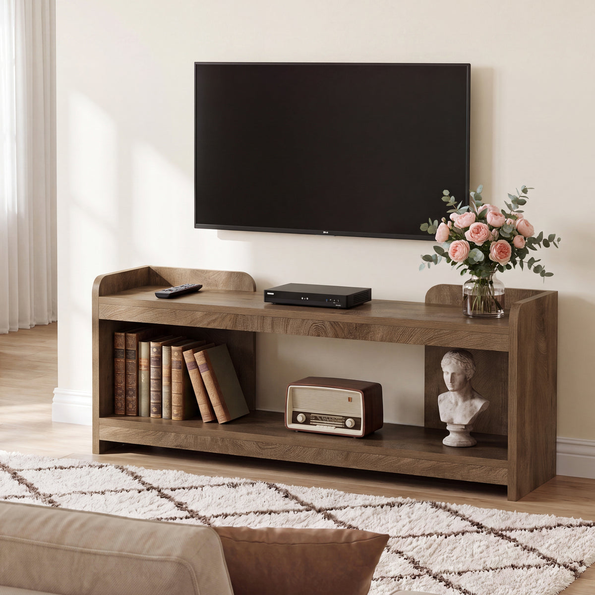 160 cm tv-meubel met 2-laags opbergrek voor 70 inch tv, open tv-kast met kabelbeheer voor woonkamer