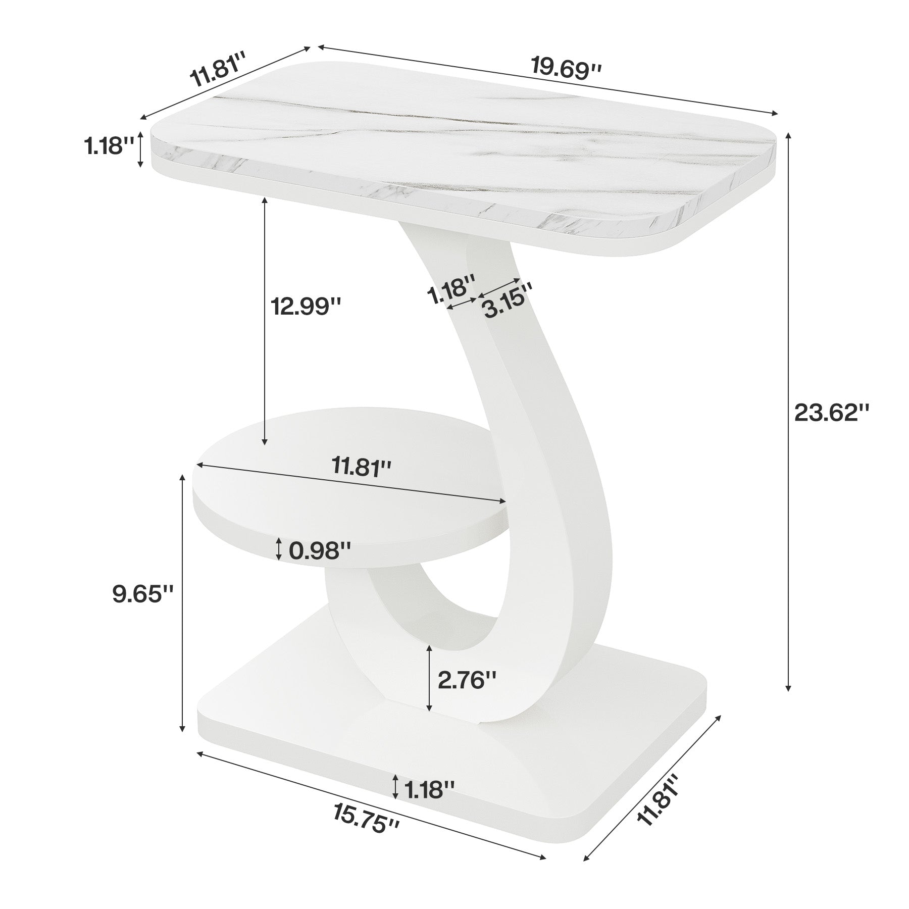 50 cm C-vormig Eindtafeltje met Marmerlook Blad, Modern 2-laags Bijzettafeltje voor Bank en Slaapkamer