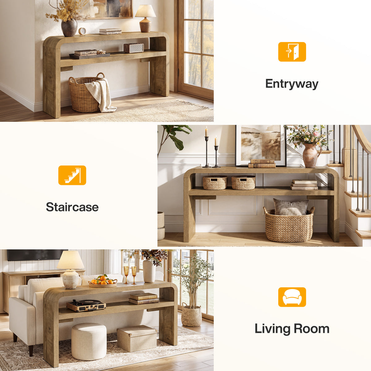 160 cm smalle consoletafel met 2-laags open opbergrek en landelijke houtlook, haltafel voor woonkamer en entree