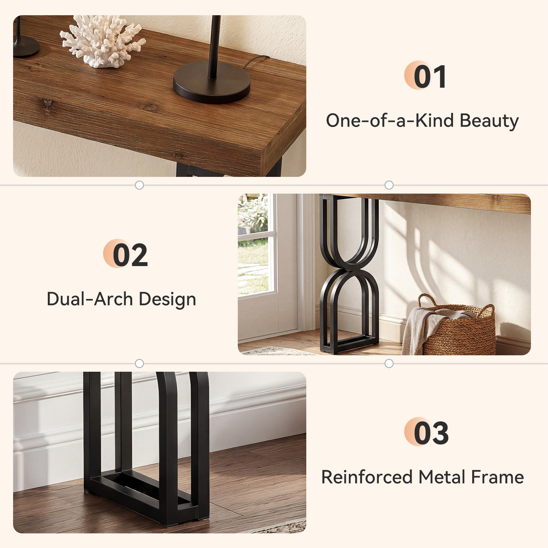 150 cm Massief Houten Consoletafel, U-vormige Metalen Poten voor Hal