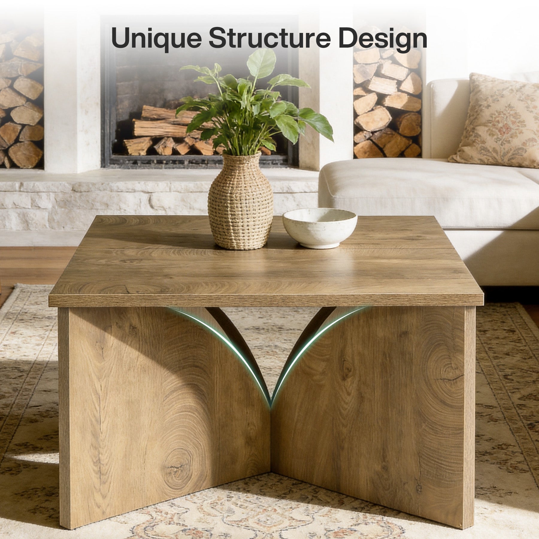 80 cm Vierkante Salontafel met Stevige Basis, Landelijke Houten Tafel voor Woonkamer