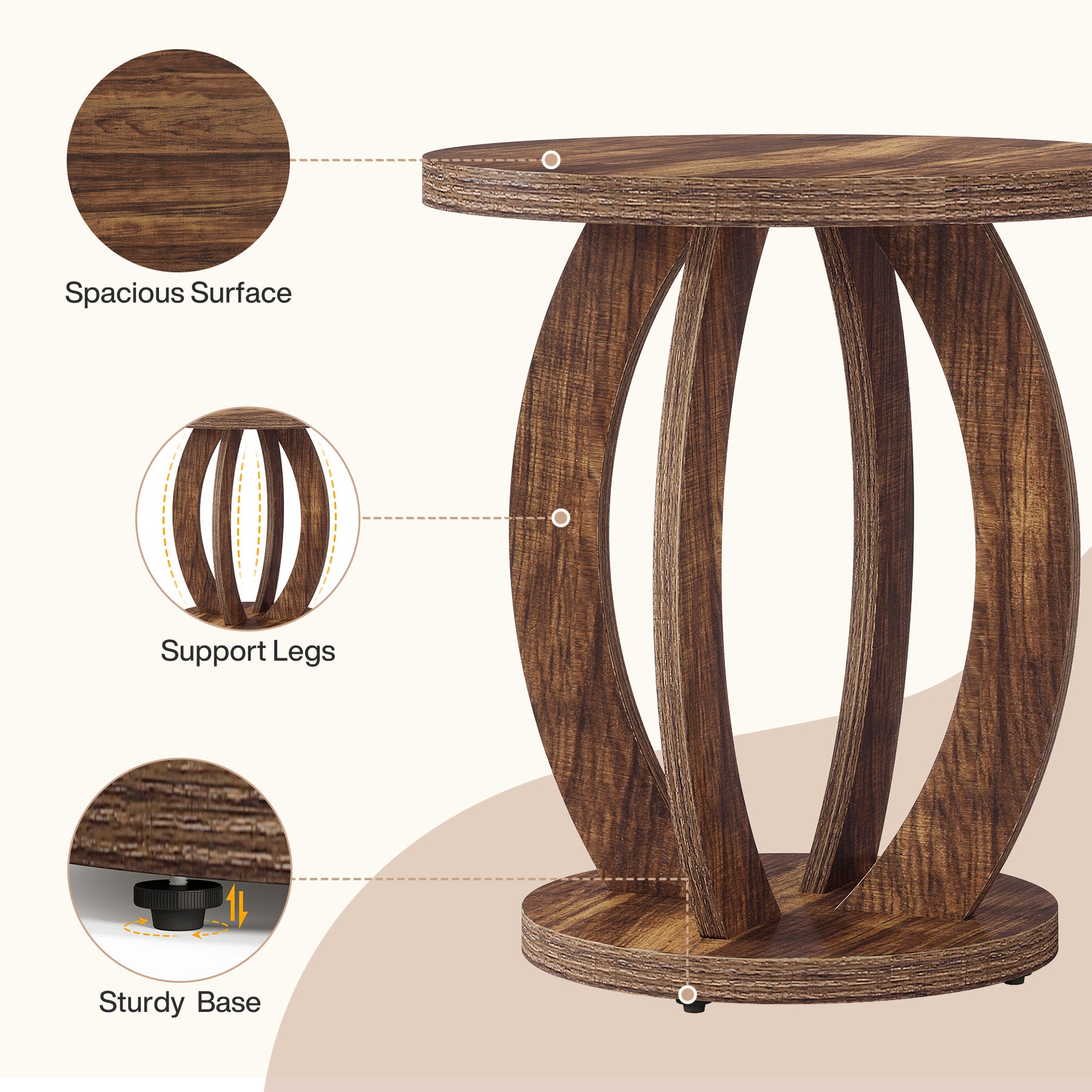 60 cm Compacte ronde bijzettafel met opbergruimte, landelijk tafeltje voor kleine ruimtes