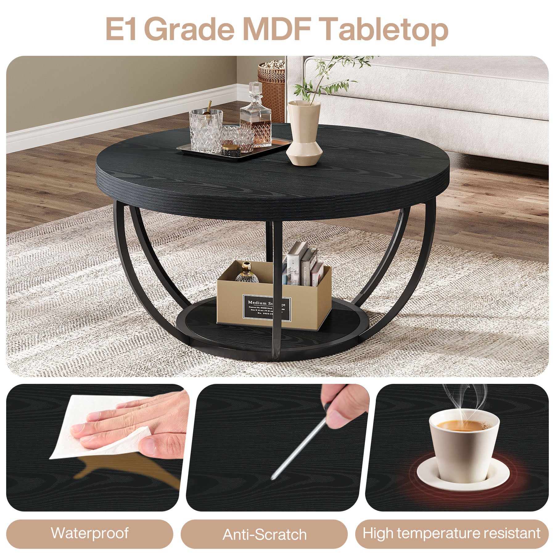80,5 cm Ronde Industriële Salontafel, Tweelaags Middentafel in Rustiek Bruin en Zwart