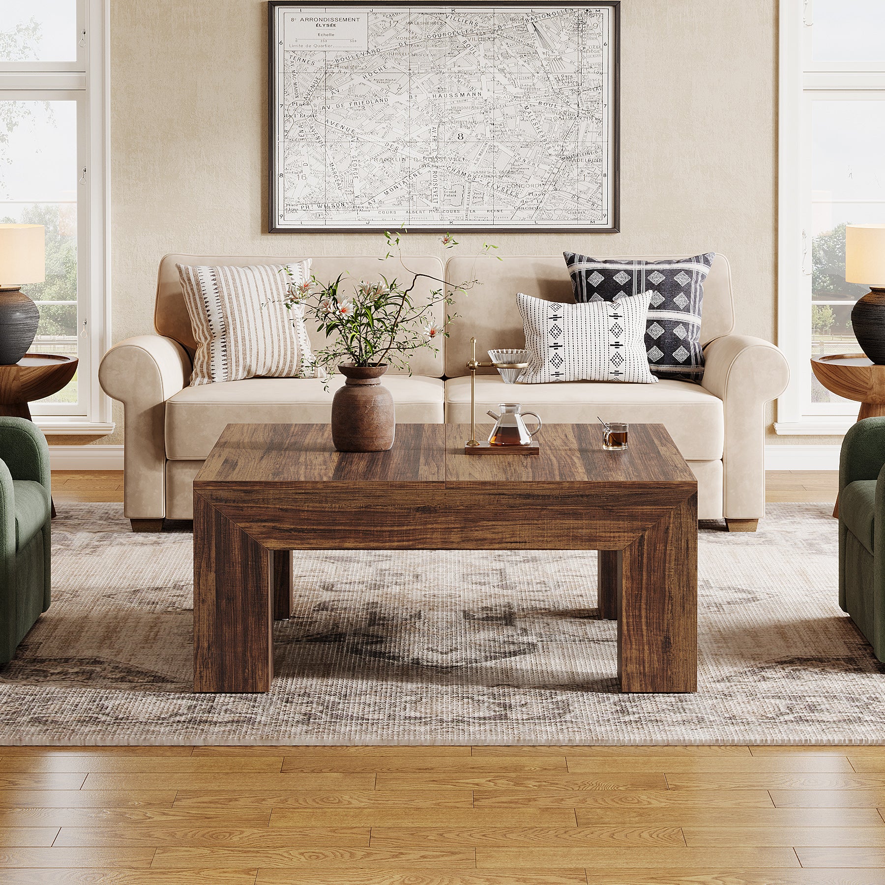 Vierkante Salontafel van 100 cm in Landelijke Stijl, Lage Stevige Centertafel voor Woonkamer in Rustiek Bruin