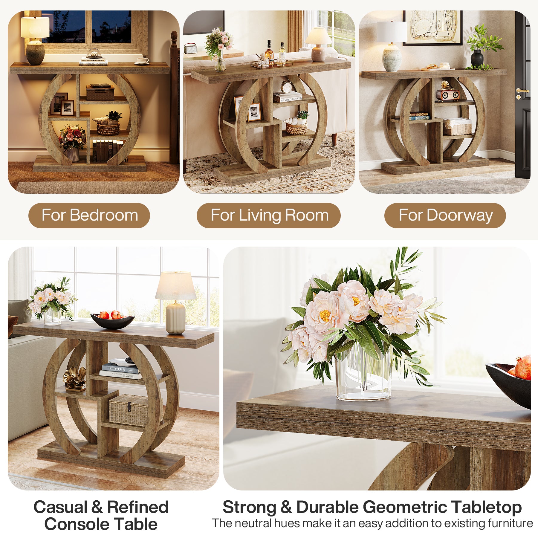 108 cm Houten Consoletafel met 4 Lagen Opslag en Cirkelvormige Basis