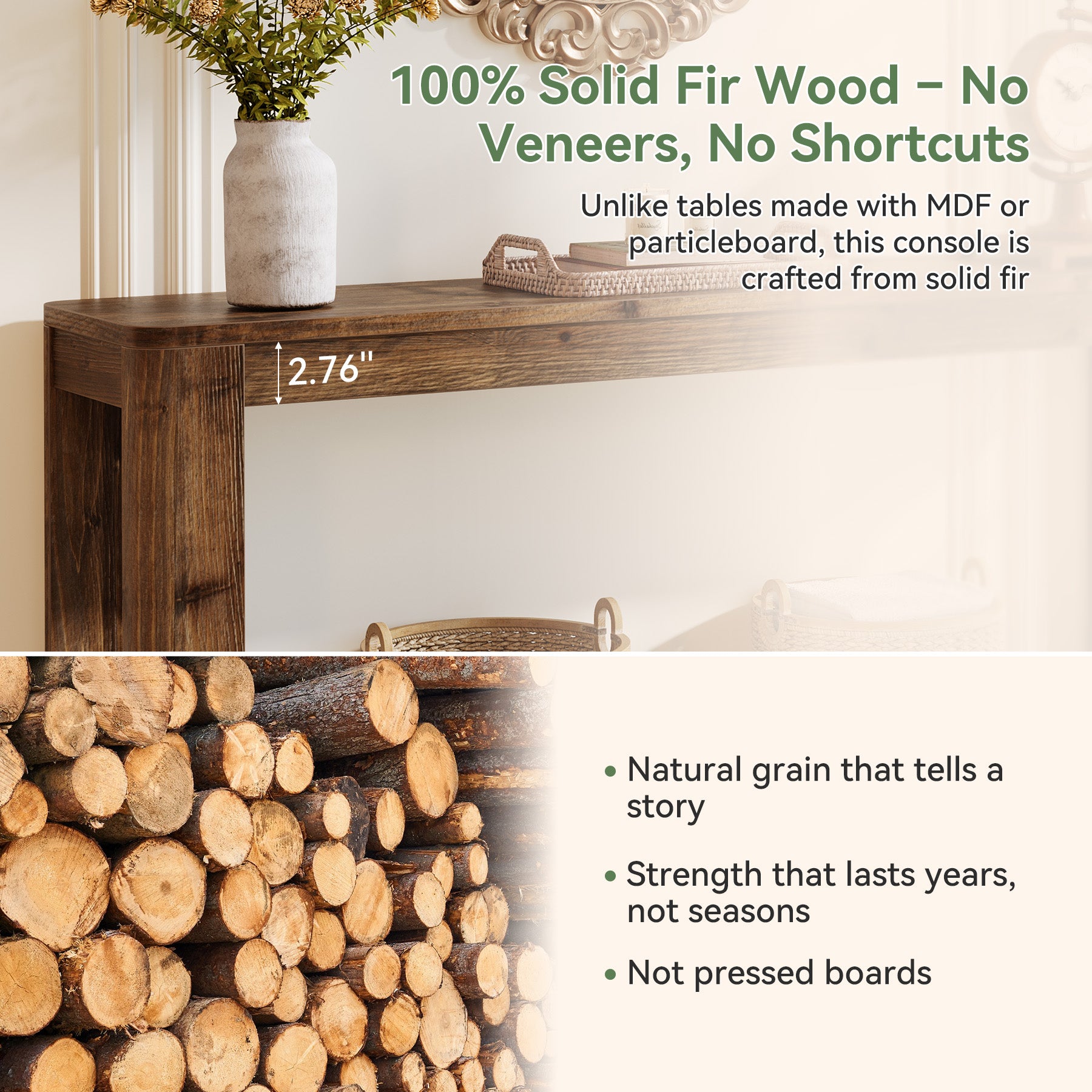 160 cm Massief Houten Consoletafel, Smalle Farmhouse Sidetable met Rek
