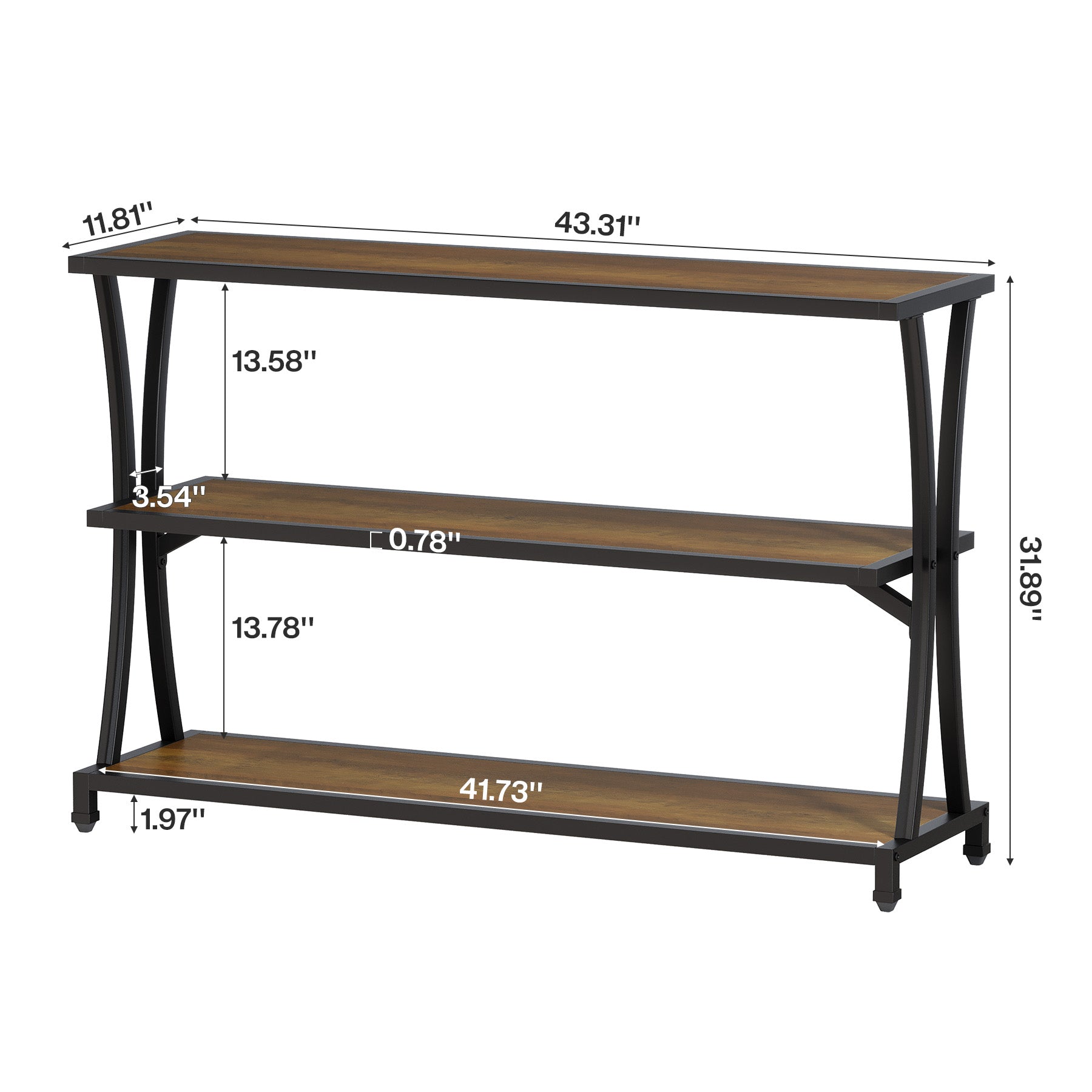 110 cm 3-laags Industriële Haltafel, Smalle Banktafel met Open Opbergruimte