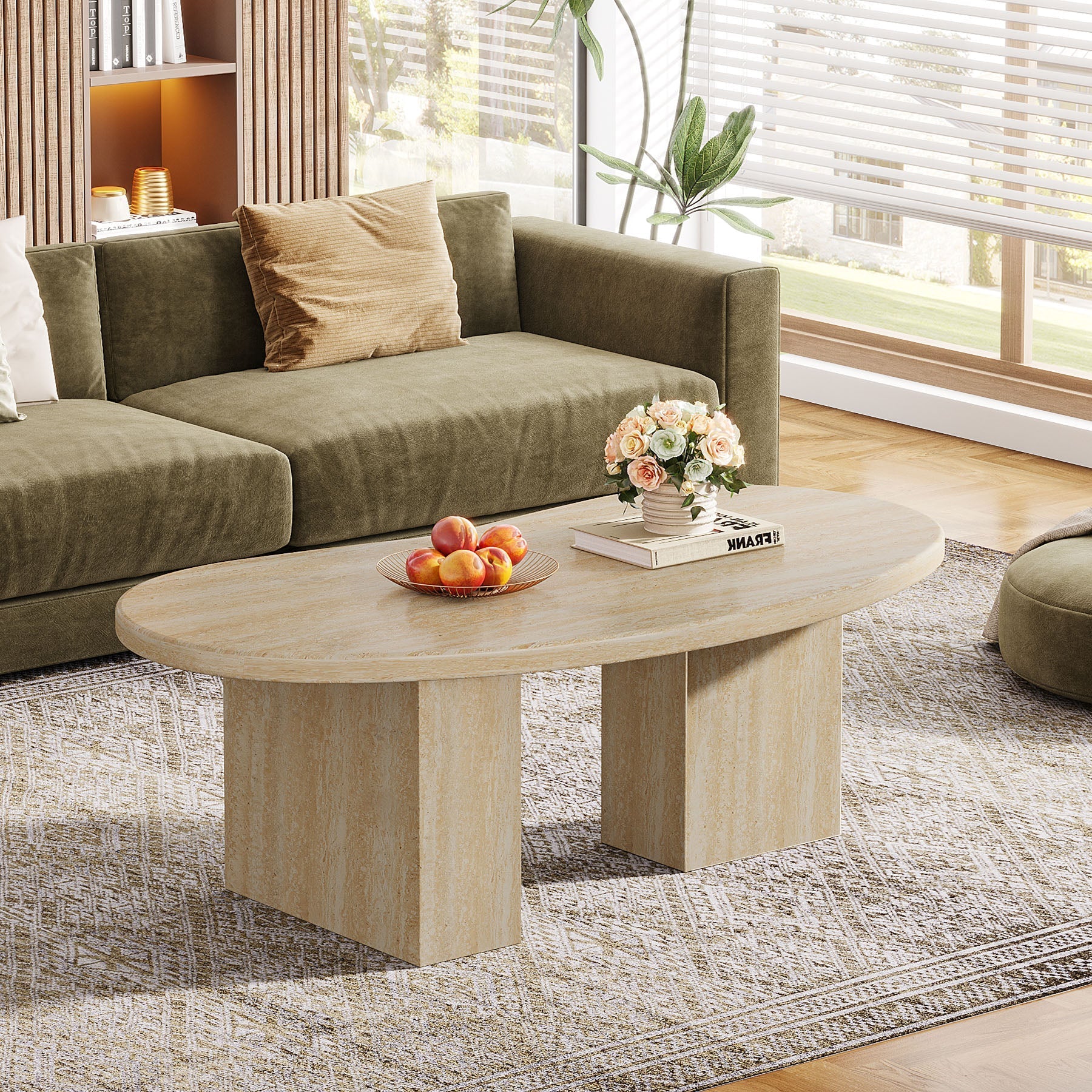 115 cm Ovale Salontafel, Grote Houten Cocktailtafel met Asymmetrische Voet in Eiken