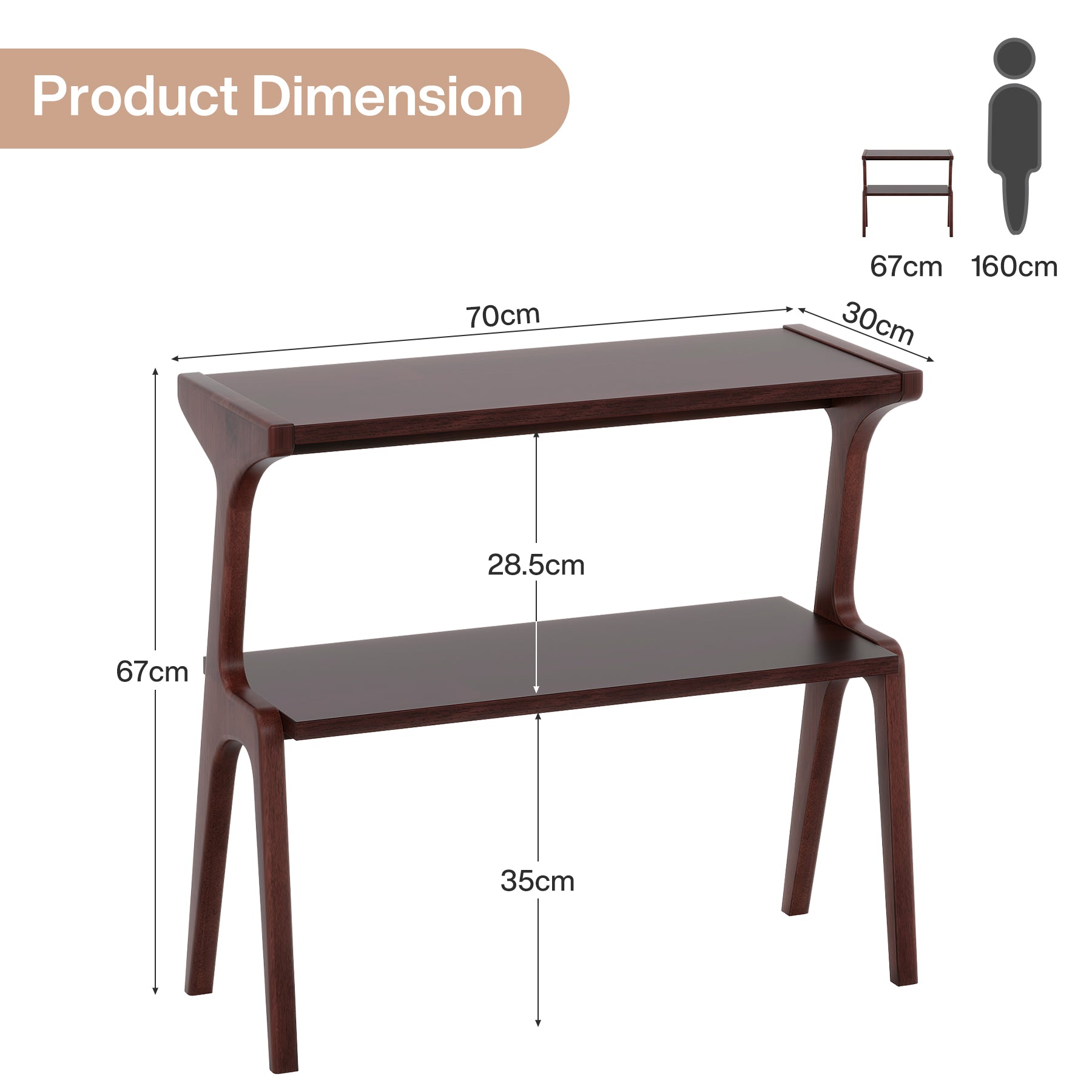 70 cm Tribesigns Bijzettafel van Massief Hout, Smalle 2-Laagse Tafel met Legplanken