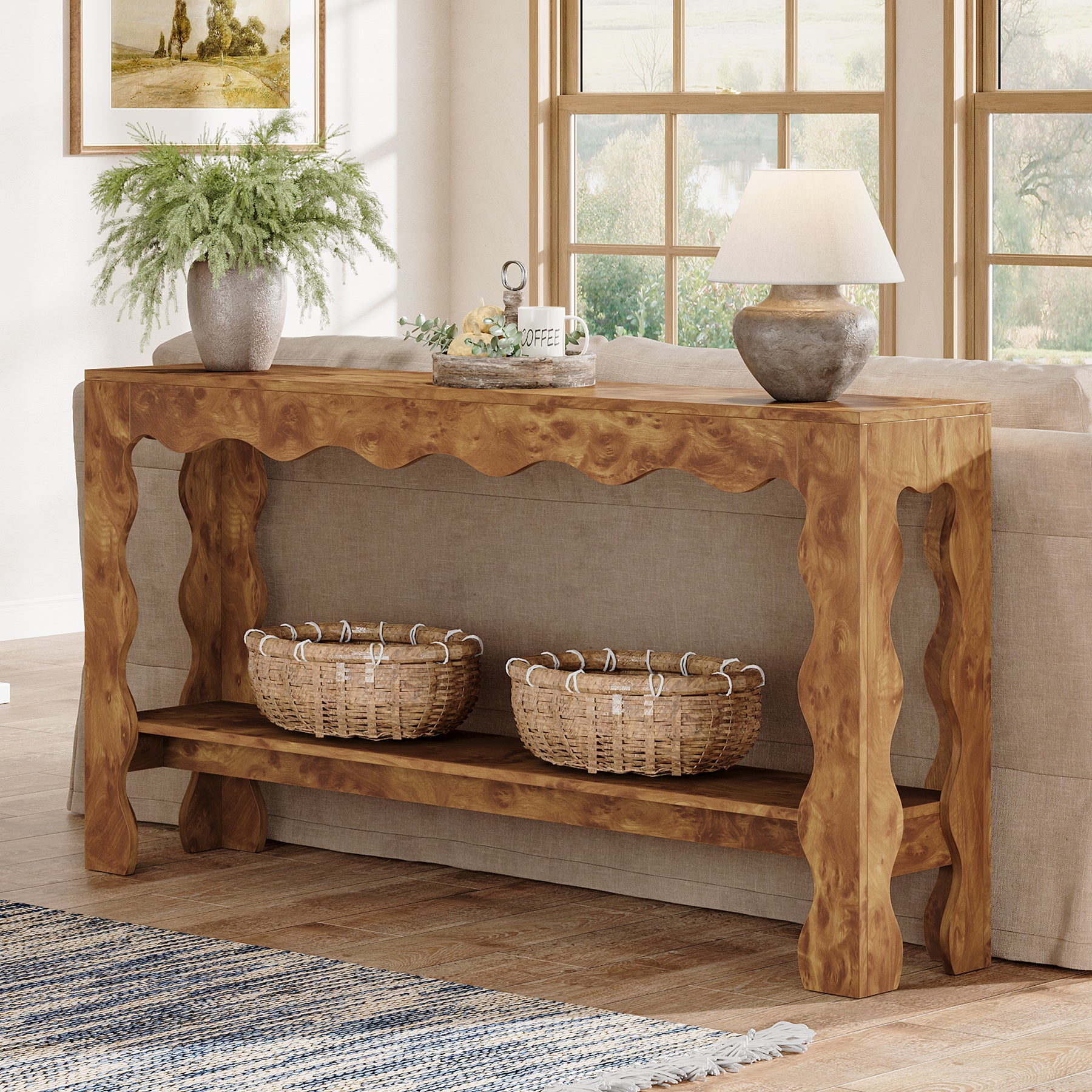 160 cm Moderne Landelijke Consoletafel met Golfrand, Smalle Haltafel met Opberdschap voor Woonkamer en Entree