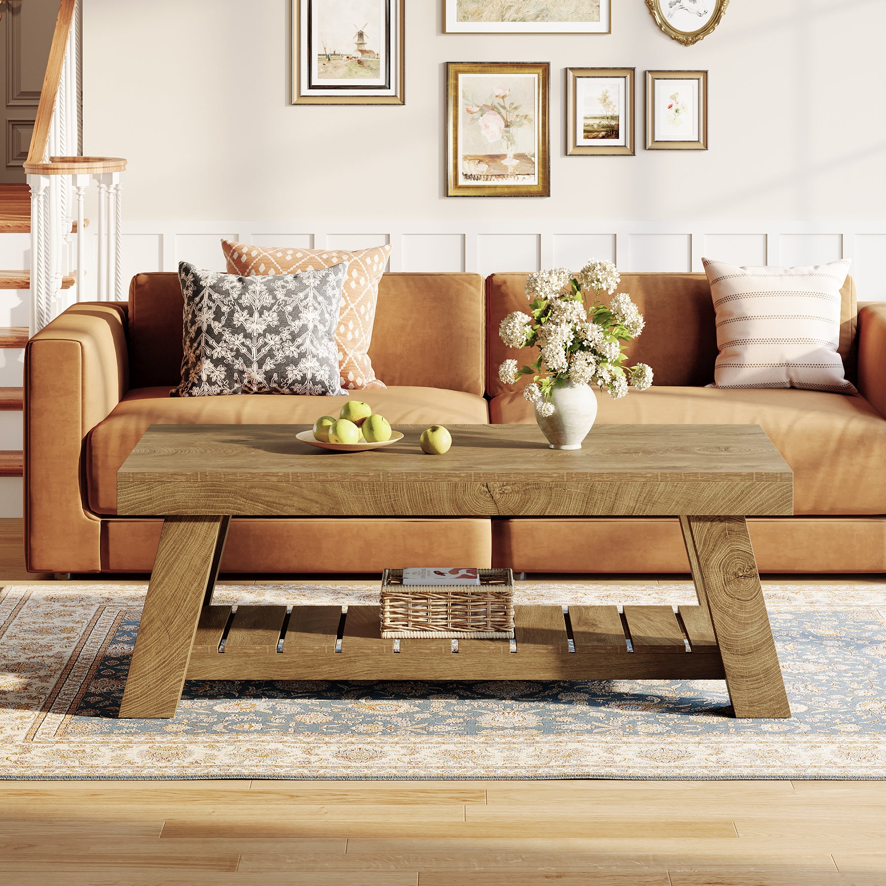 120 cm Rechthoekige Salontafel Boerderij Stijl, Met 2 Opbergplanken voor Woonkamer en Appartement