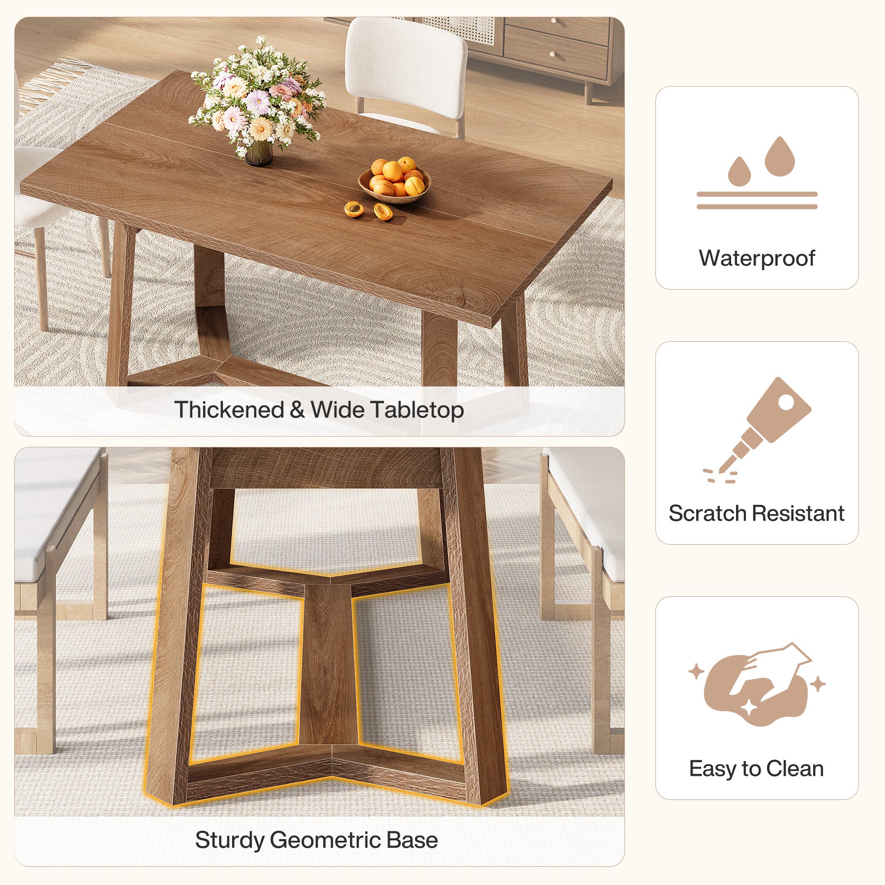Eettafel van 120 cm in landhuisstijl voor 4 personen, houten keukentafel in bruin