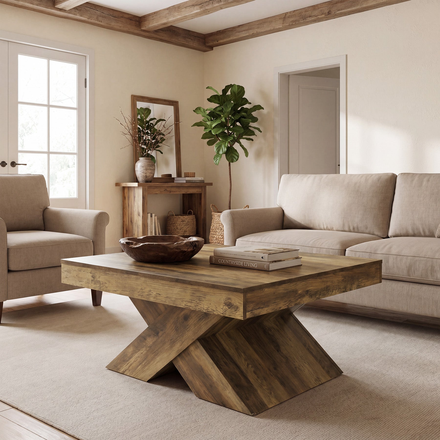 80 x 80 cm Tribesigns Vierkante Salontafel, Houten Farmhouse Tafel met X-Kruis Onderstel voor Woonkamer en Kleine Ruimtes