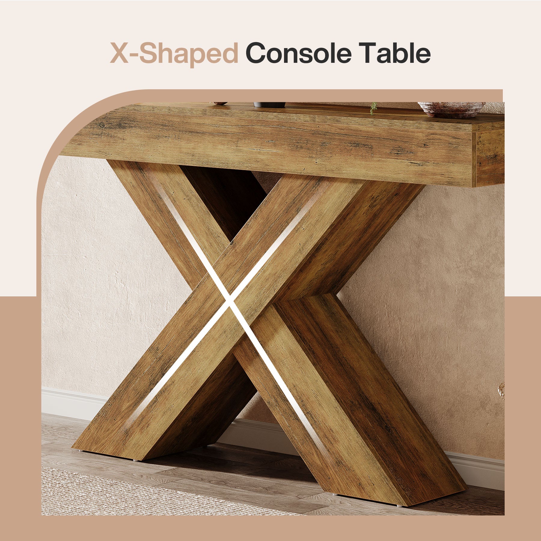 140 cm consoletafel, houten sidetable met uniek ontwerp voor hal of achter bank