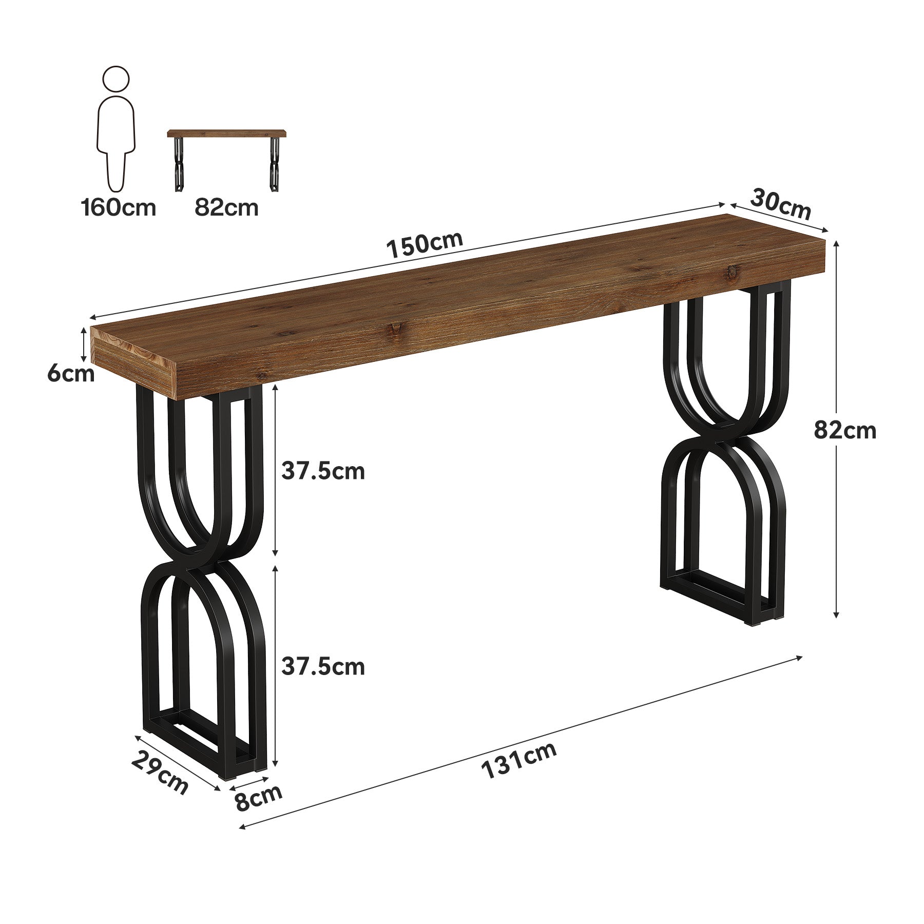 150 cm Massief Houten Consoletafel, U-vormige Metalen Poten voor Hal