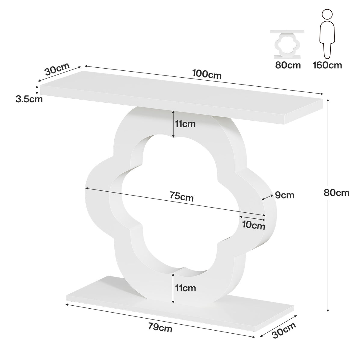 100 cm smalle consoletafel met hoogglans afwerking en modern bloemvormig frame, entree tafel voor hal en woonkamer