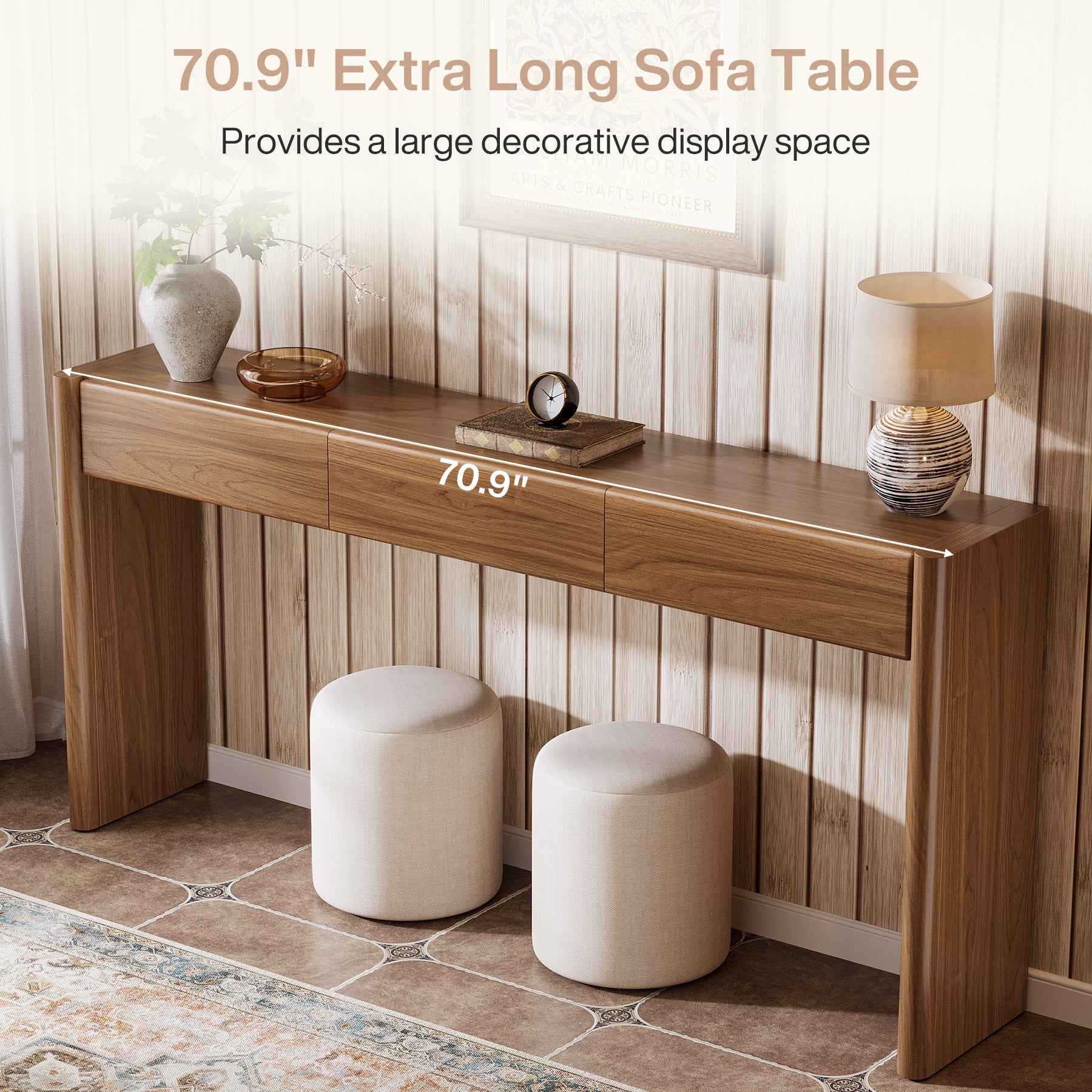 180 cm Landelijke Consoletafel met 3 Laden, Houten Haltafel met Opbergruimte